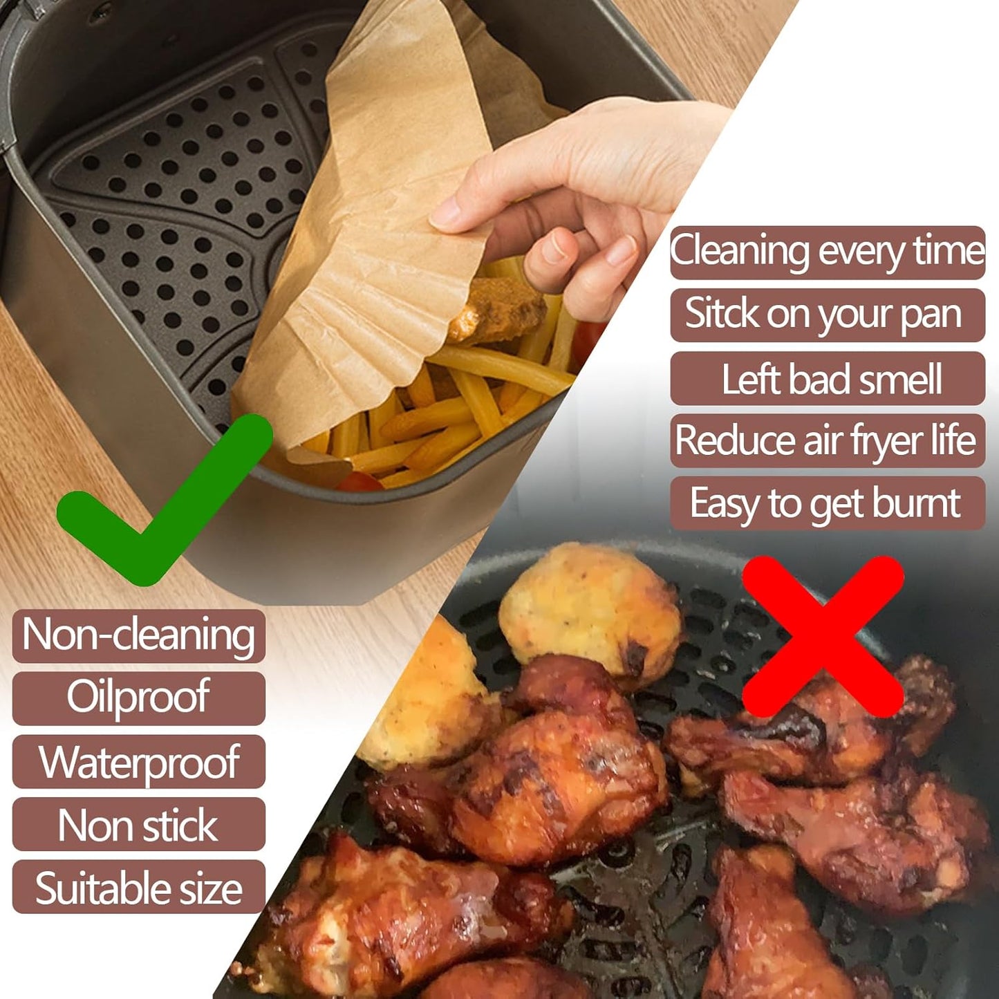 UBeesize 7.5 Inch Air Fryer Paper Liners,400 PCS Parchment Paper, Air Fryer Disposable Paper Liners for Microwave, Non-Stick Sheets Square Free of Bleach（Bottom Size 6.3 Inch）