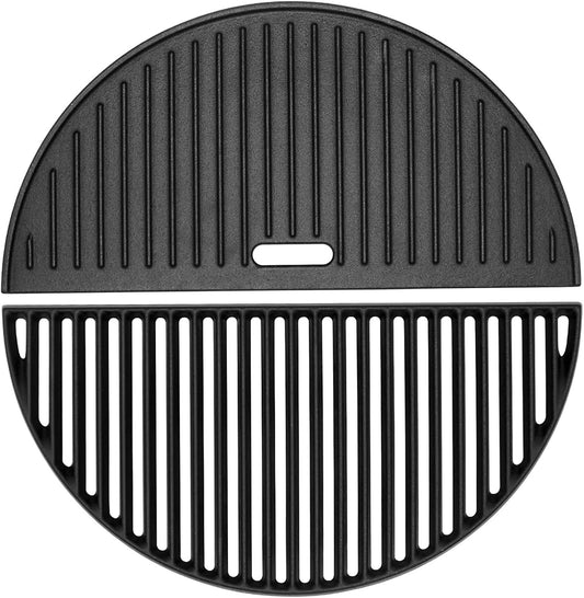 18" Half Moon Cast Iron Cooking Grates for Kamado Joe KJ-23RHC Classic II KJ23NRHCI Classic III KJ23RH Classic I Reversible Griddle for Stand-Alone Classic Large Big Green Egg Kamado Grill Replacement