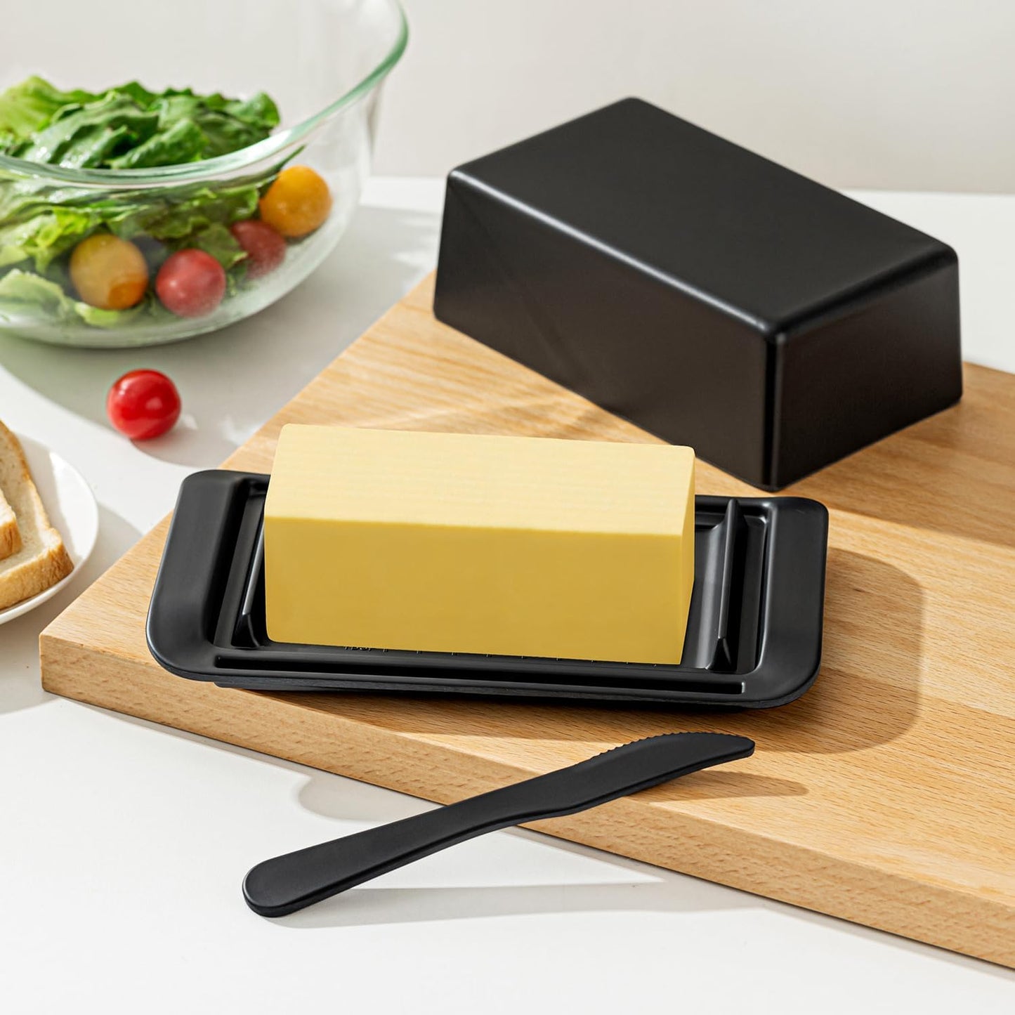 Butter Dish with Lid, Large Butter Dish with Lid for Countertop Built-in Knife Slot Butter Keeper for Kitchen or Fridge, Bamboo Fiber Butter Tray, Butter Holder for 2 Sticks(Black, Large)