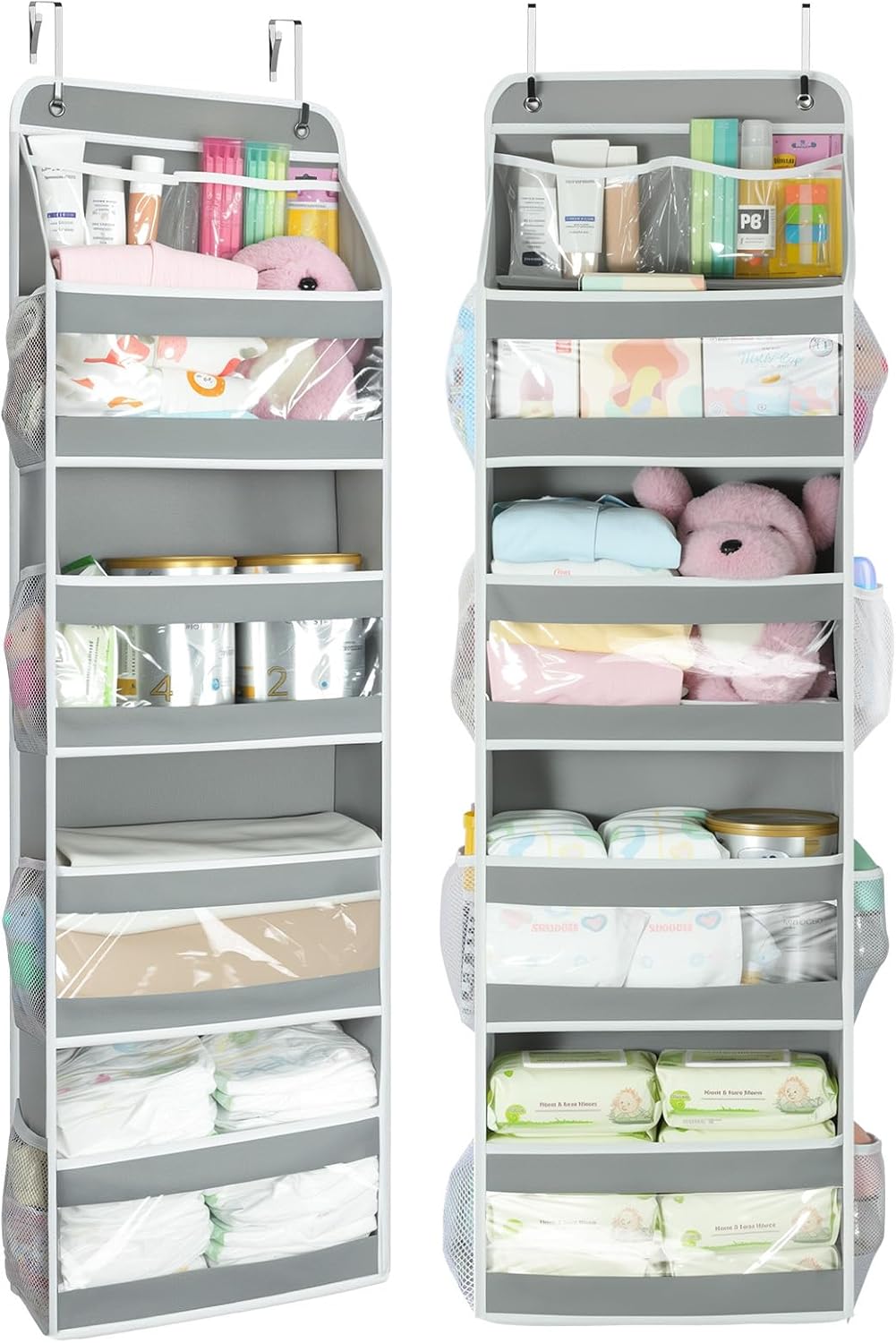 Yecaye 5 Tier 2 Pc Over the Door Organizer, Swing-proof Door Organizer Hanging with Clear PVC Windows, Behind the Door Storage for Bedroom Nursery Closet Laundry Pantry Bathroom, Grey