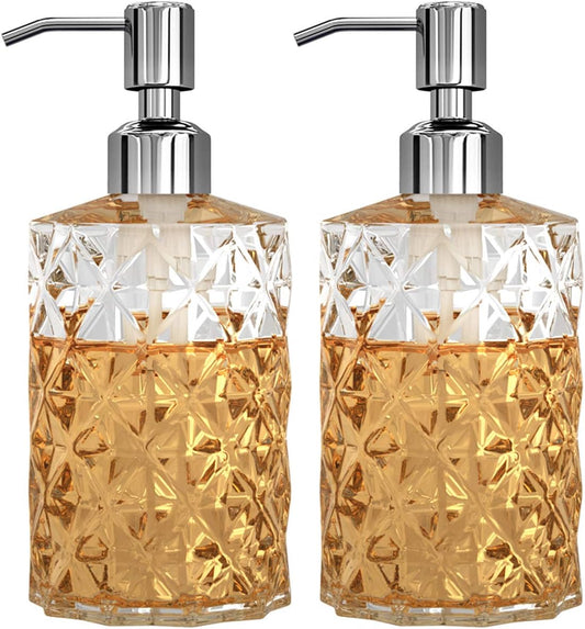 GLADPURE Soap Dispenser - 2 Pack, 12 Oz Clear Diamond Design Glass Refillable Hand Soap Dispensers; with 304 Rust Proof Stainless Steel Pump, Lotion Dispensers for Kitchen, Bathroom
