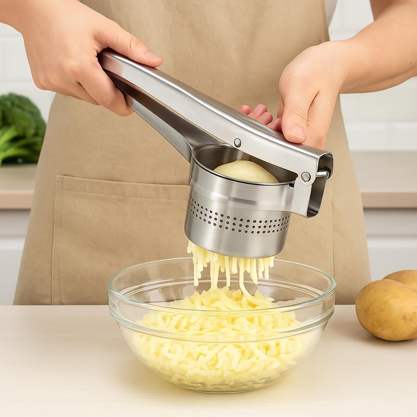 Stainless Steel Potato Ricer and Masher – Heavy Duty Manual Press for Smooth Mashed Potatoes, Baby Food, Vegetables, Garlic – Ergonomic Non-Slip Handle Kitchen Tool for Cooking Prep