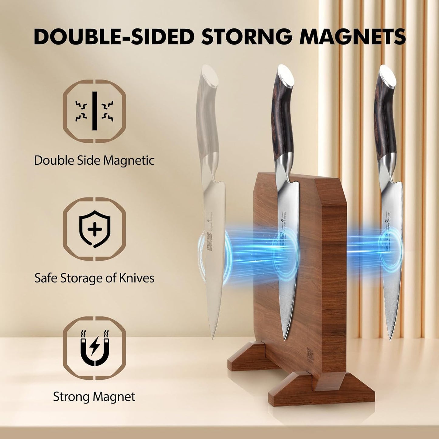 Magnetic Knife Block, Thickened Acacia Wood Kitchen Knife Holder Stand with Strong Magnets, Multifunctional Double Side Knife Storage Organizer for Kitchen Counter