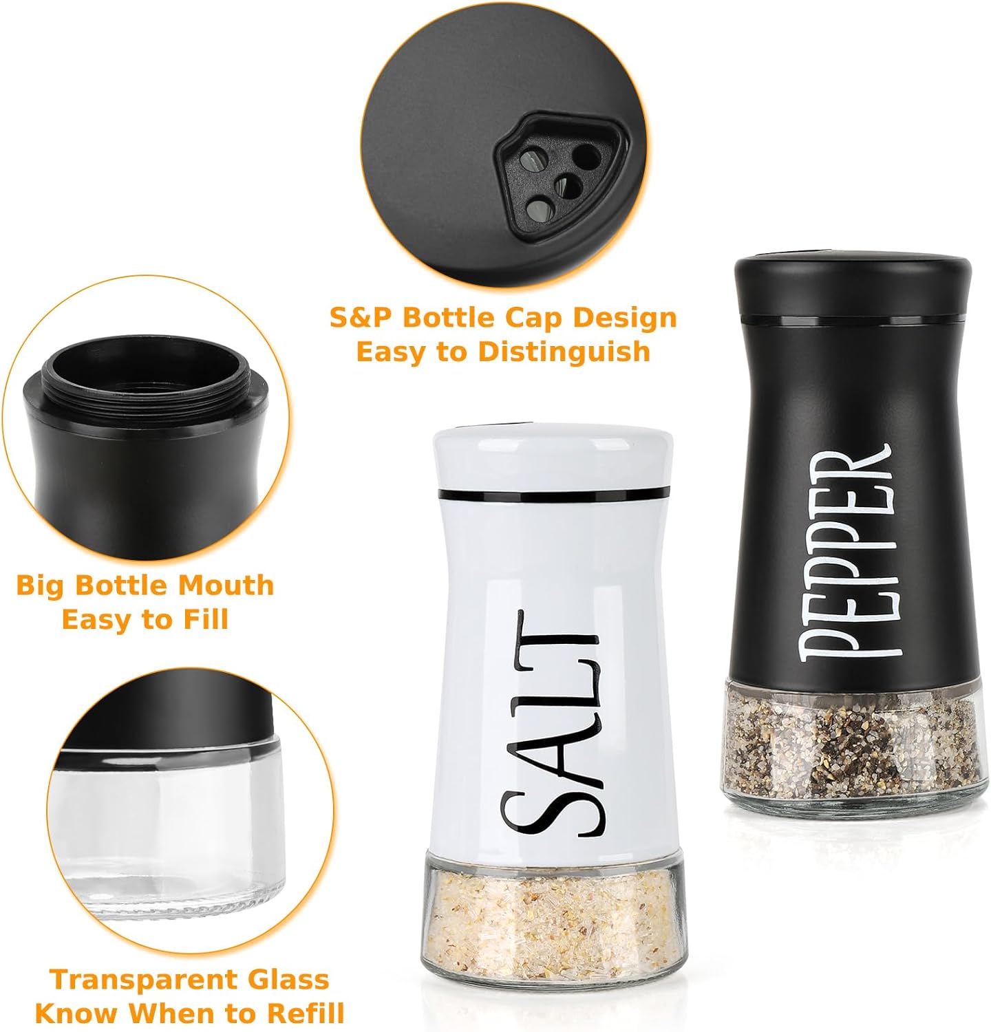 Accmor Salt and Pepper Shakers with Adjustable Pour Hole, Stainless Steel Salt Pepper Shaker Dispenser with Glass Bottom for Kitchen Cooking, RV, Camp, BBQ