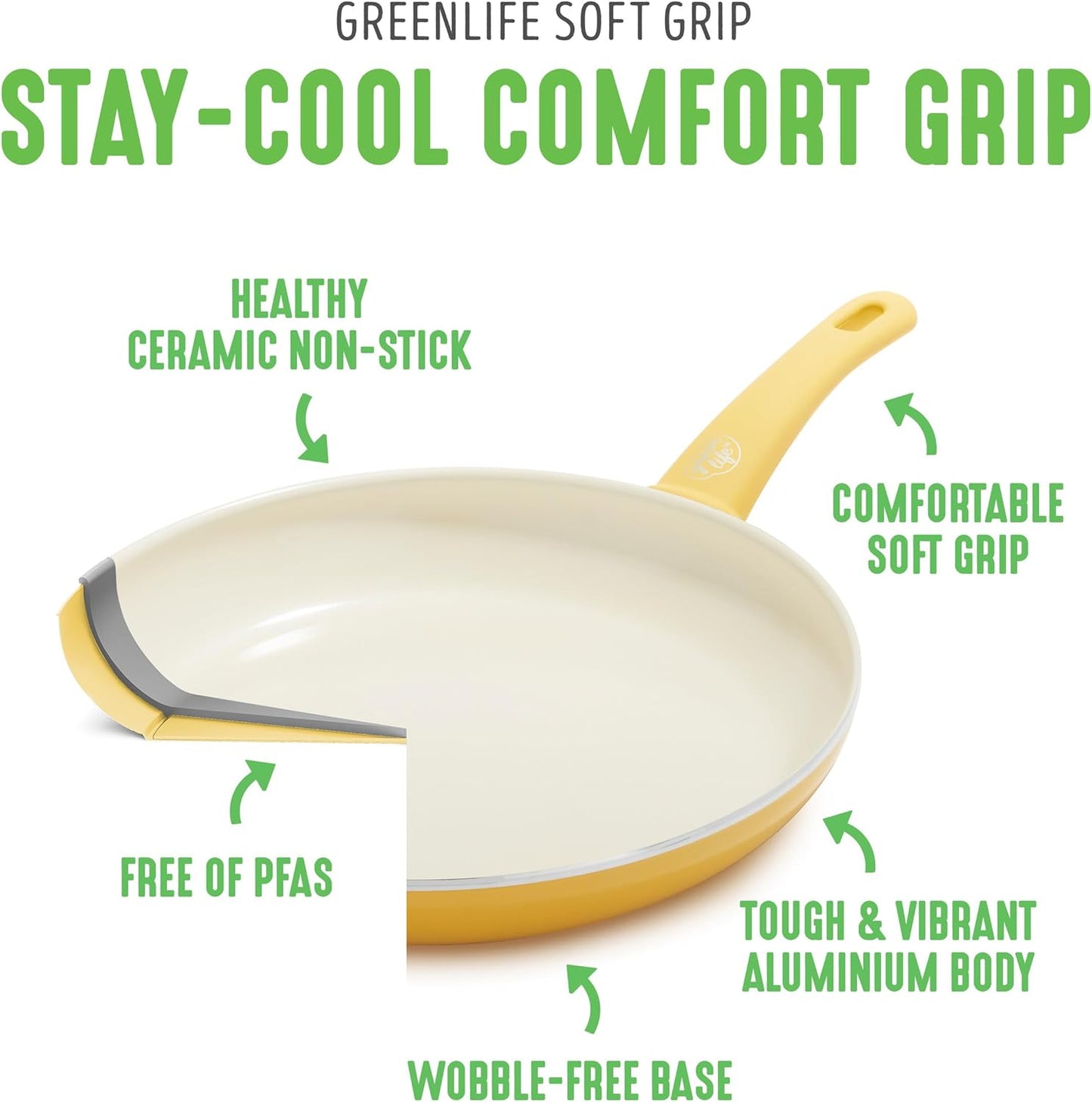 GreenLife 16 Piece Nonstick Cookware Set, Soft Grip Non-Toxic PFAS-Free Ceramic Pots & Pans, Dishwasher & Oven Safe, Frying, Sauce, Saute, Utensils, Glass Lids, Stay-Cool Handles, Wobble Free, Yellow