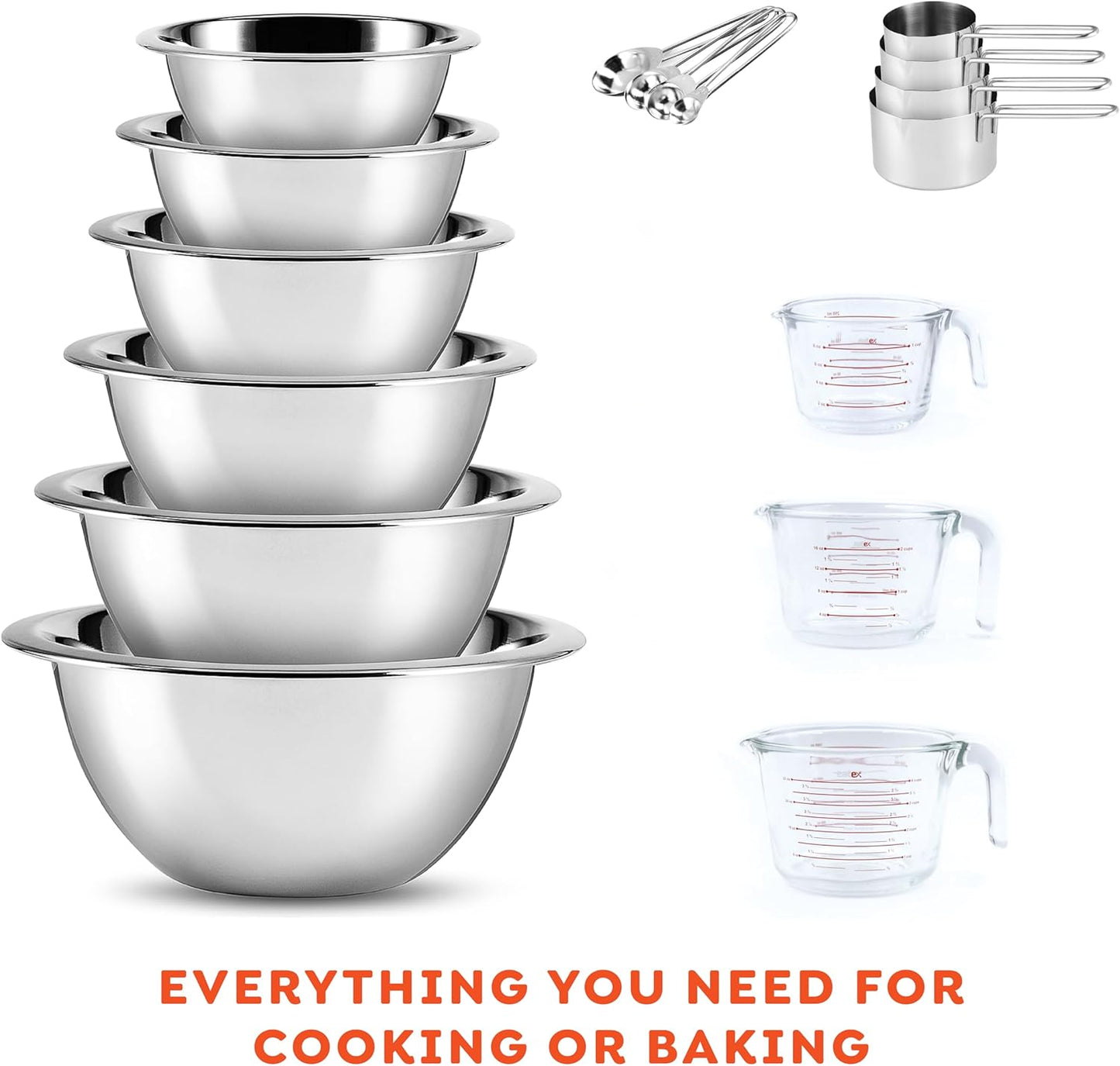 Eatex Mixing Bowls with Measuring Cups & Measuring Spoons 17 Piece Set - Nesting Stainless Steel Mixing Bowls Set for Kitchen, Measuring Spoons & Glass Liquid Measuring Cups, Dishwasher Safe Meal Prep