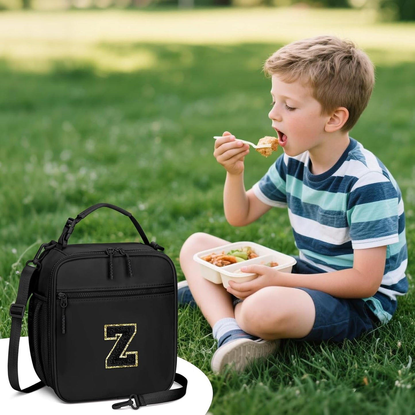 Initial Insulated Lunch Bag for Boys Kids, Back to School Gift, Reusable Leak-proof Lunch Box with Adjustable Strap for School Daycare Travel Picnic（Black，Z）