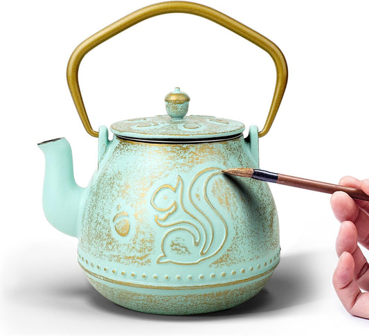 Toptier Teapot with Removable Infuser, Cast Iron Tea Kettle Stovetop Safe, Squirrel Design Tea Pot Coated with Enameled Interior for 32 Ounce (950 ml), Aqua
