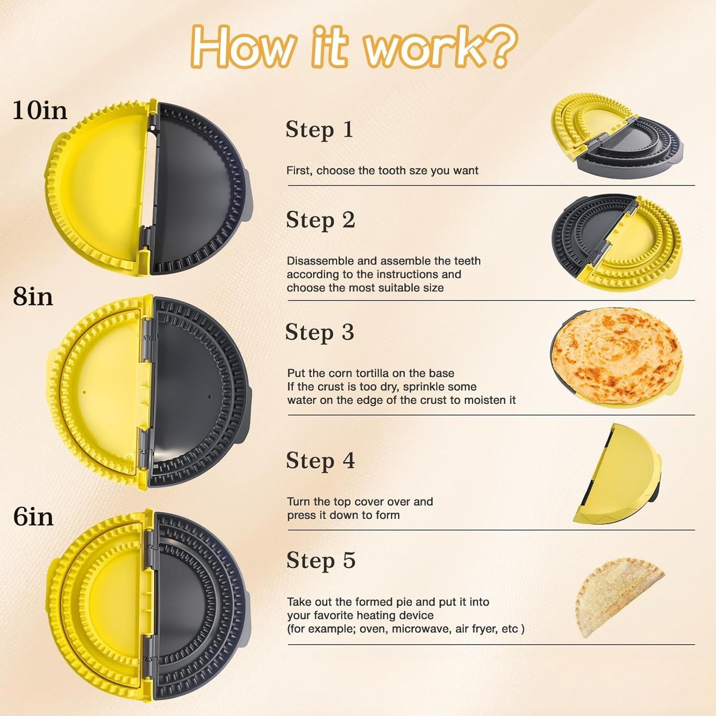 3-in-1 Tortilla Sealer, Tacos Tortilla Crimper Maker, Adjustable Size, For 6"-12" Crust, Make Sealed Quesadillas,Tacos, Burritos, Sandwich & More, BPA-Free, Dishwasher Safe, Yellow & Black