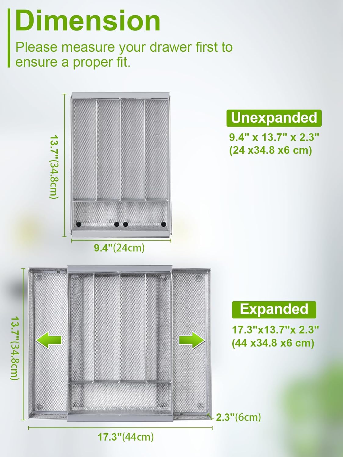 Silverware Organizer Metal Mesh, Drawer Organizer, Utensil Cutlery Tray Expandable Flatware Organizer with 7 Compartment Silver 9.4"~17.3" x 13.7"