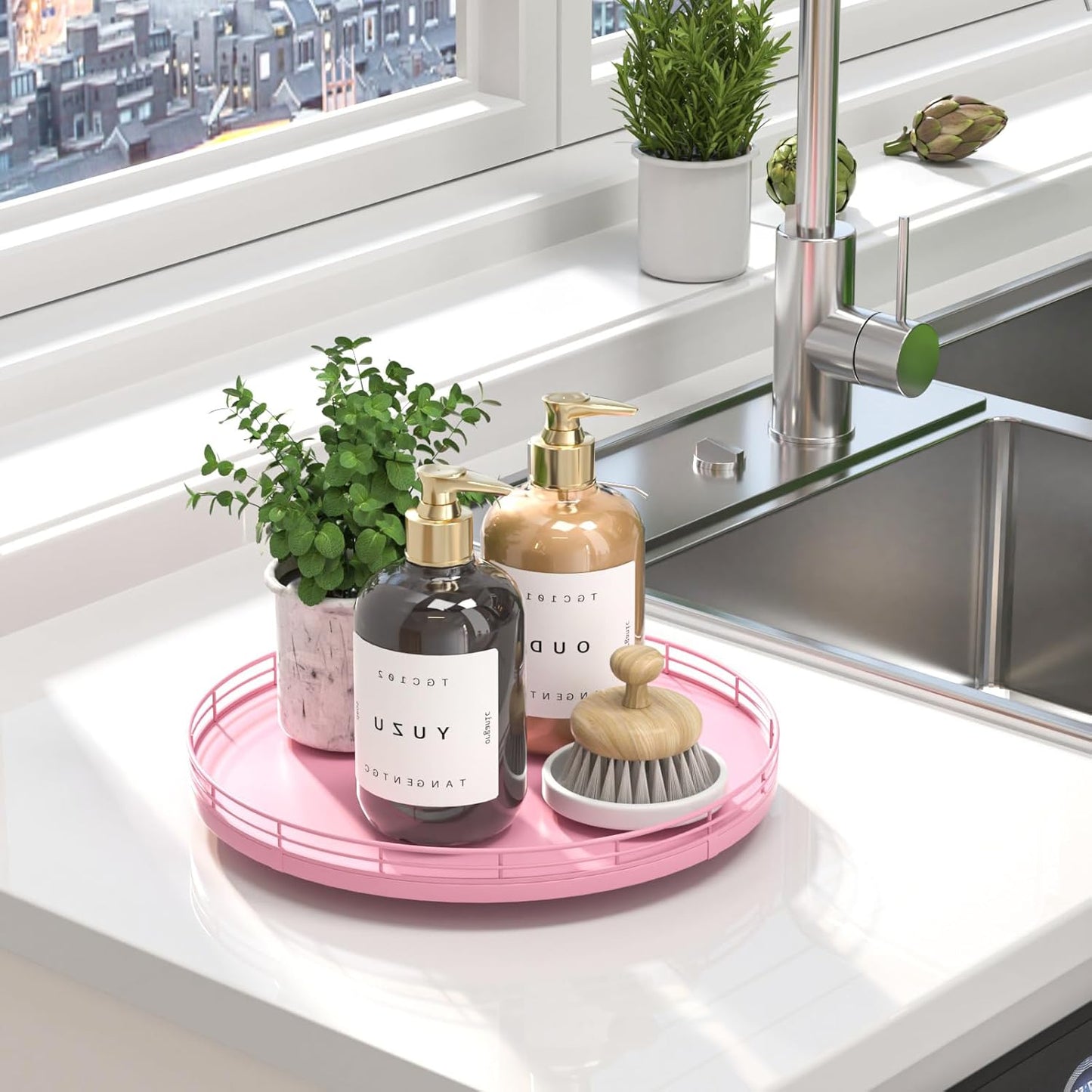 12" Oak Wood Bathroom Tray for Counter, Vanity Tray for Perfume Lotion Candle Makeup Jewelry Sink Soap Holder Turntable Dresser Organizer Countertop Coffee Table Decor Organization and Storage Pink