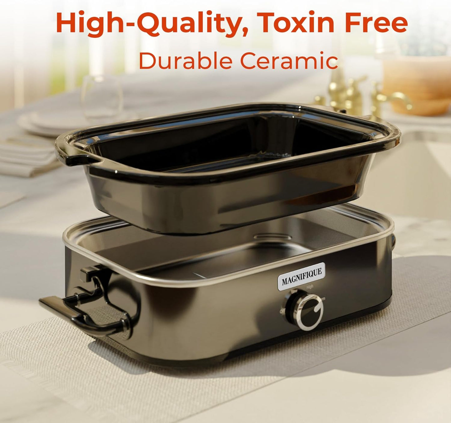 [NEW] MAGNIFIQUE 4-Quart Slow Cooker with Casserole Manual Warm Setting - Perfect Kitchen Small Appliance for Family Dinners, Dishwasher Safe Crock, Stainless Stee