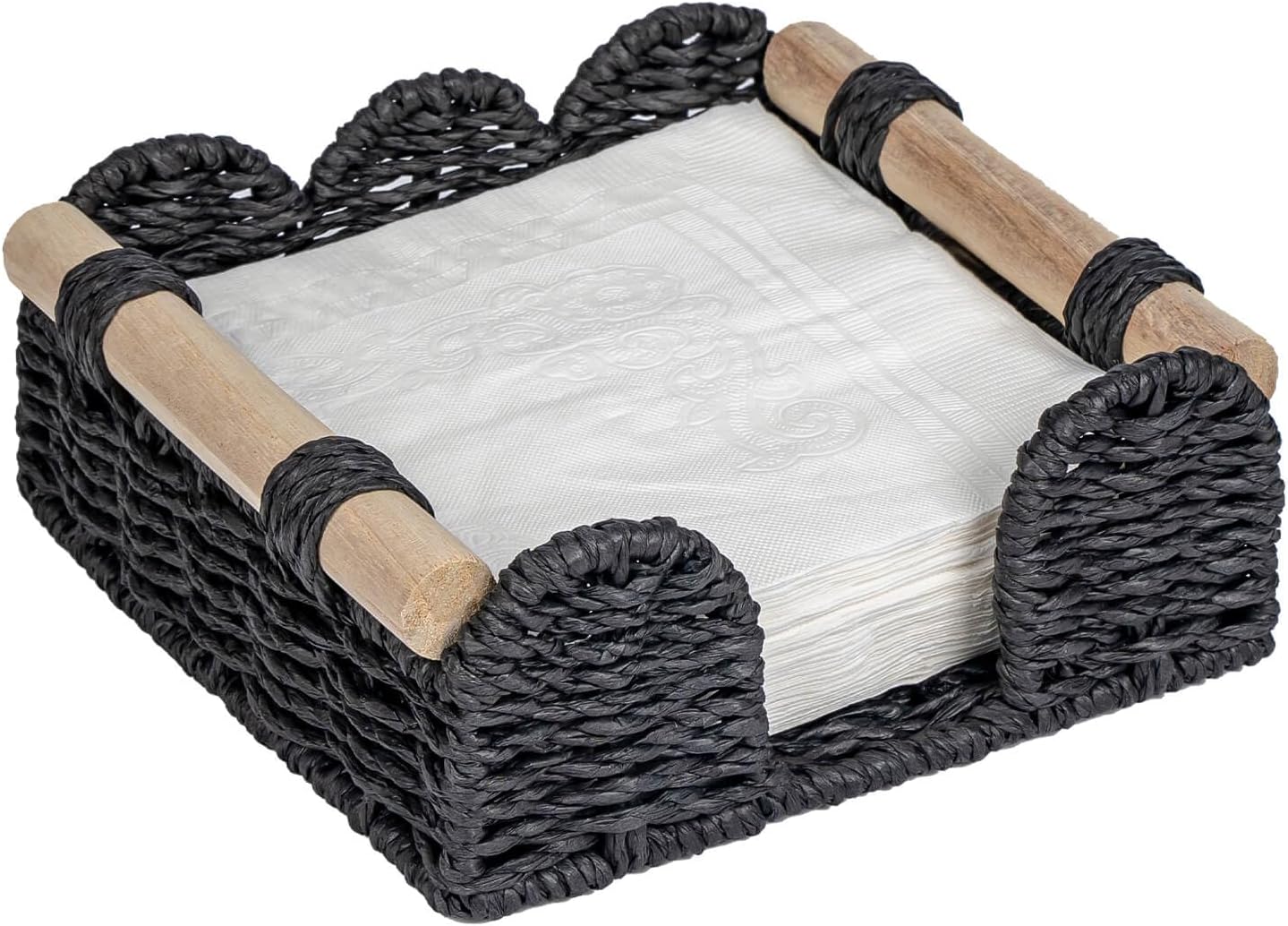 CubesLand Scalloped Napkin Holder for Table, Farmhouse Warming Home Kitchen Decor, Paper Rope Flat Napkin Dispenser Guest Towel Tray for Bathroom, Disposable Napkin Basket for Dining Table, Black
