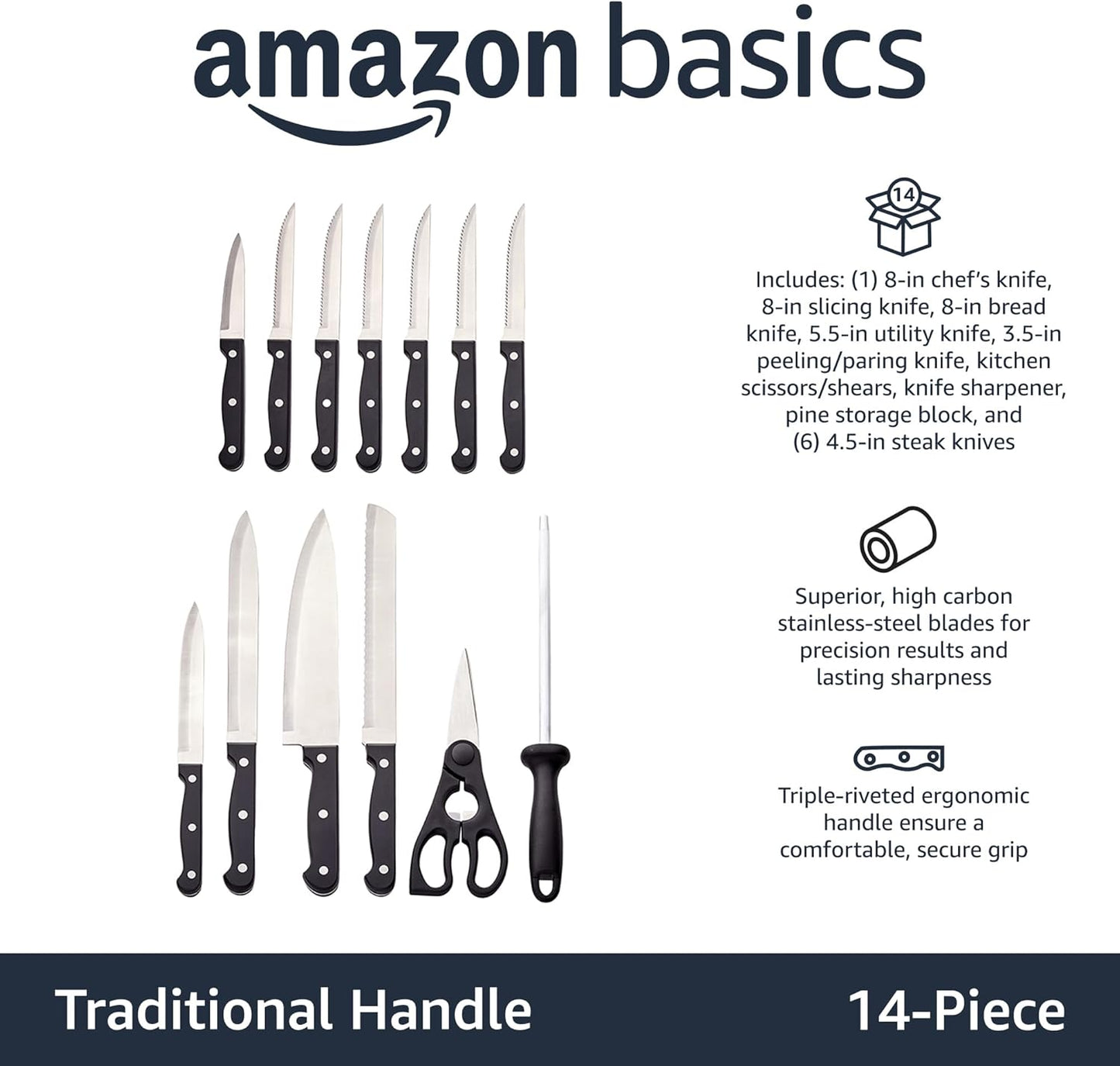 Amazon Basics 14-Piece High Carbon Stainless Steel Kitchen Knife Set with Sharpener and Pinewood Block, Black