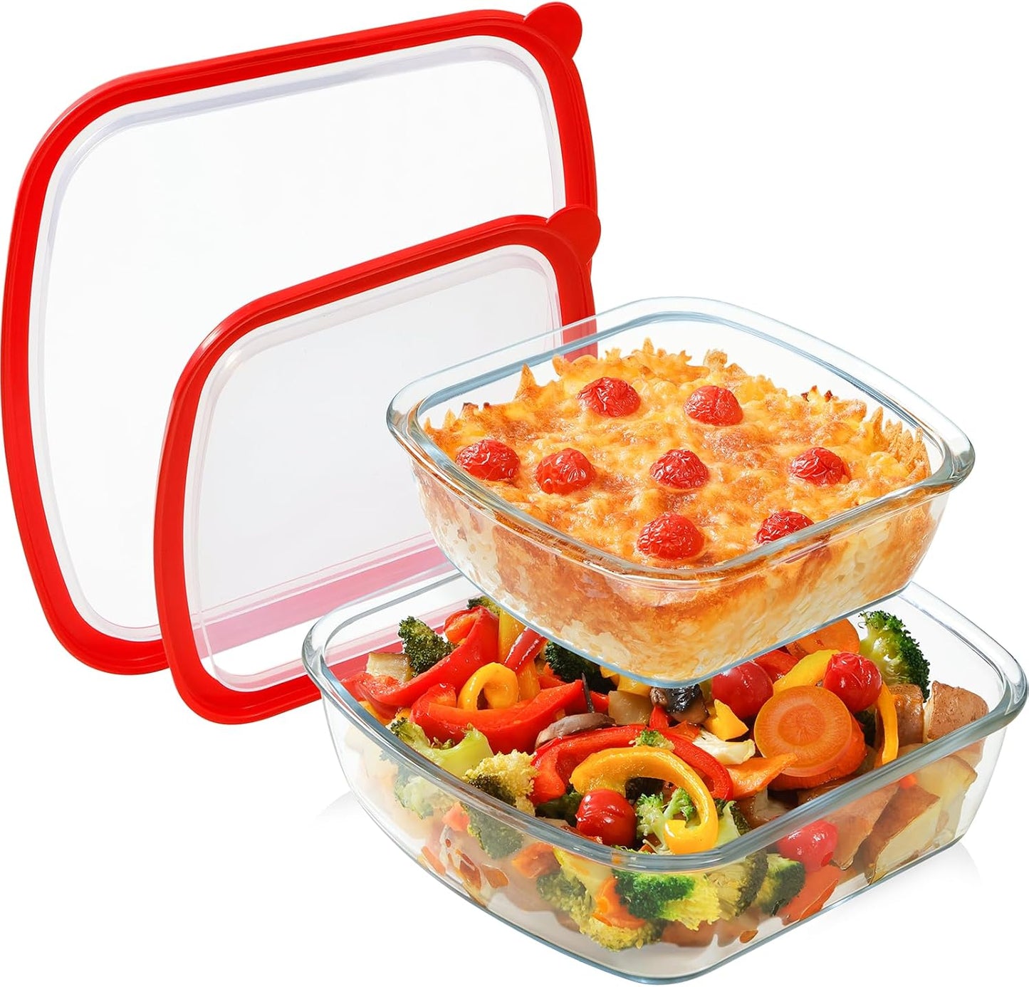 NUTRIUPS 2-Piece 9x9 & 7x7 Square Glass Baking Dish with Lid Set, Deep Baking Pan, Oven Dishwasher and Microwave Safe (Tempered Glass, 1 QT, 2.7 QT)