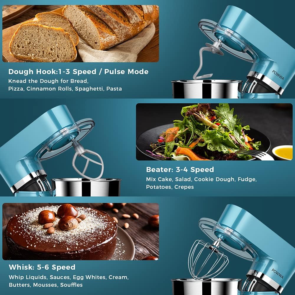 Stand Mixer, POWWA 7.5 QT Electric Mixer, 6+P Speed 660W Household Tilt-Head Kitchen Food Mixers with Whisk, Dough Hook, Mixing Beater & Splash Guard for Baking, Cake, Cookie, Kneading (Blue)
