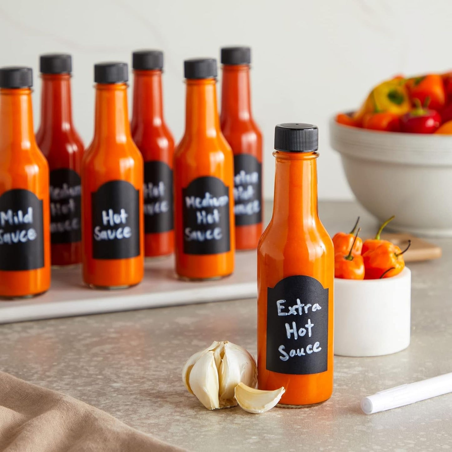Talented Kitchen 14-Pack Glass Hot Sauce Bottles Kit - 5 Oz Clear Woozy Bottles - Screw-On Caps & Dripper Inserts - Includes Funnel & 18 Chalkboard Labels - Dishwasher-Safe - Hot Sauce Making Supplies