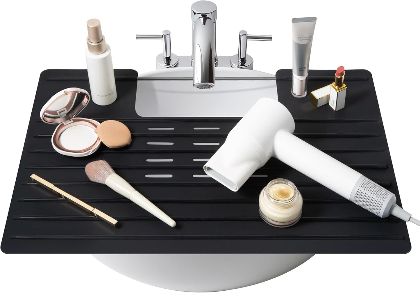 Maplefield Bathroom Sink Cover for Counter Space, Heat Resistant Silicone Sink Mat for Your Beauty Routine, Small Bathroom Space Saver Sink Cover for Makeup (Black Large, 22 x 2 x 2 Inches)