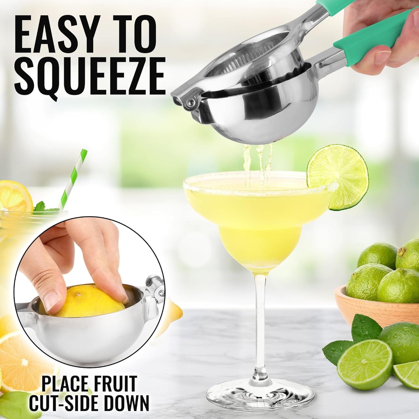 Zulay Lemon Squeezer Stainless Steel with Premium Heavy Duty Solid Metal Squeezer Bowl and Food Grade Silicone Handles - Large Manual Citrus Press Juicer and Lime Squeezer Stainless Steel (Mint)