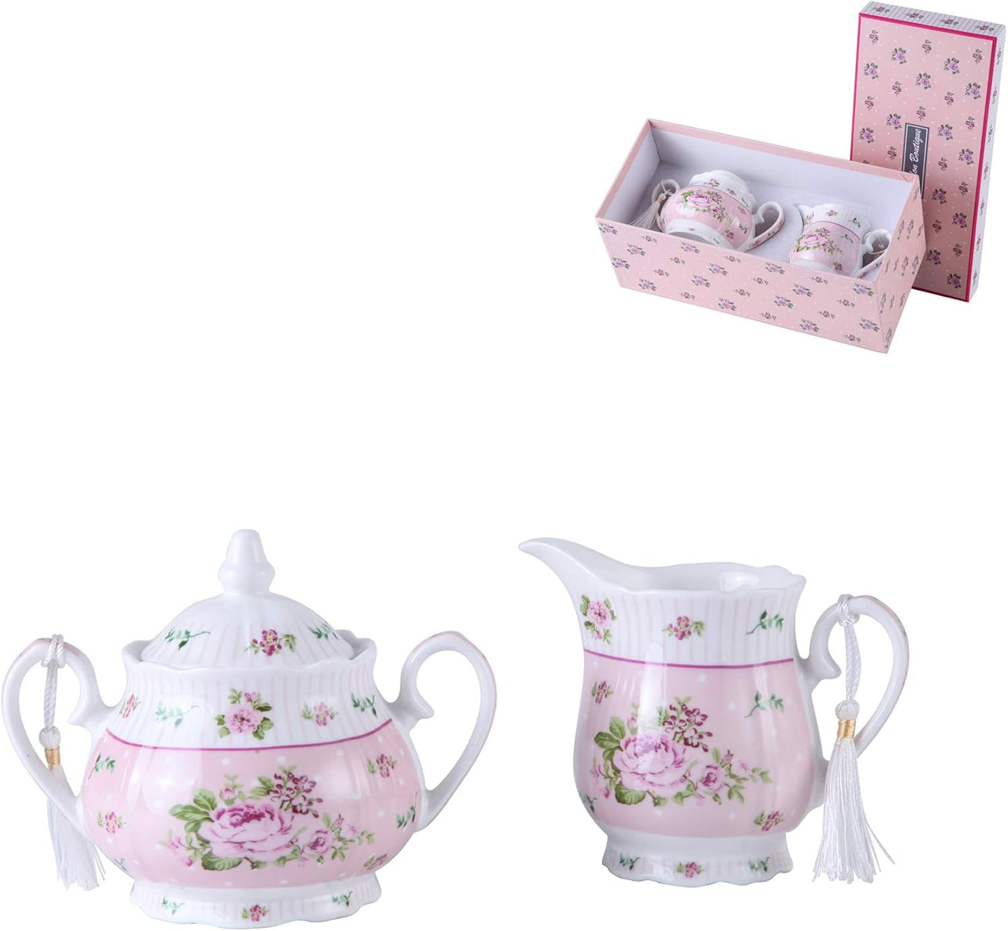 London Boutique Porcelain Teapot Sugar Bowl and Cream Milk Jug Shabby Chic Vintage Floral in Gift box 40oz (Cream & Sugar Set Rose Pink)