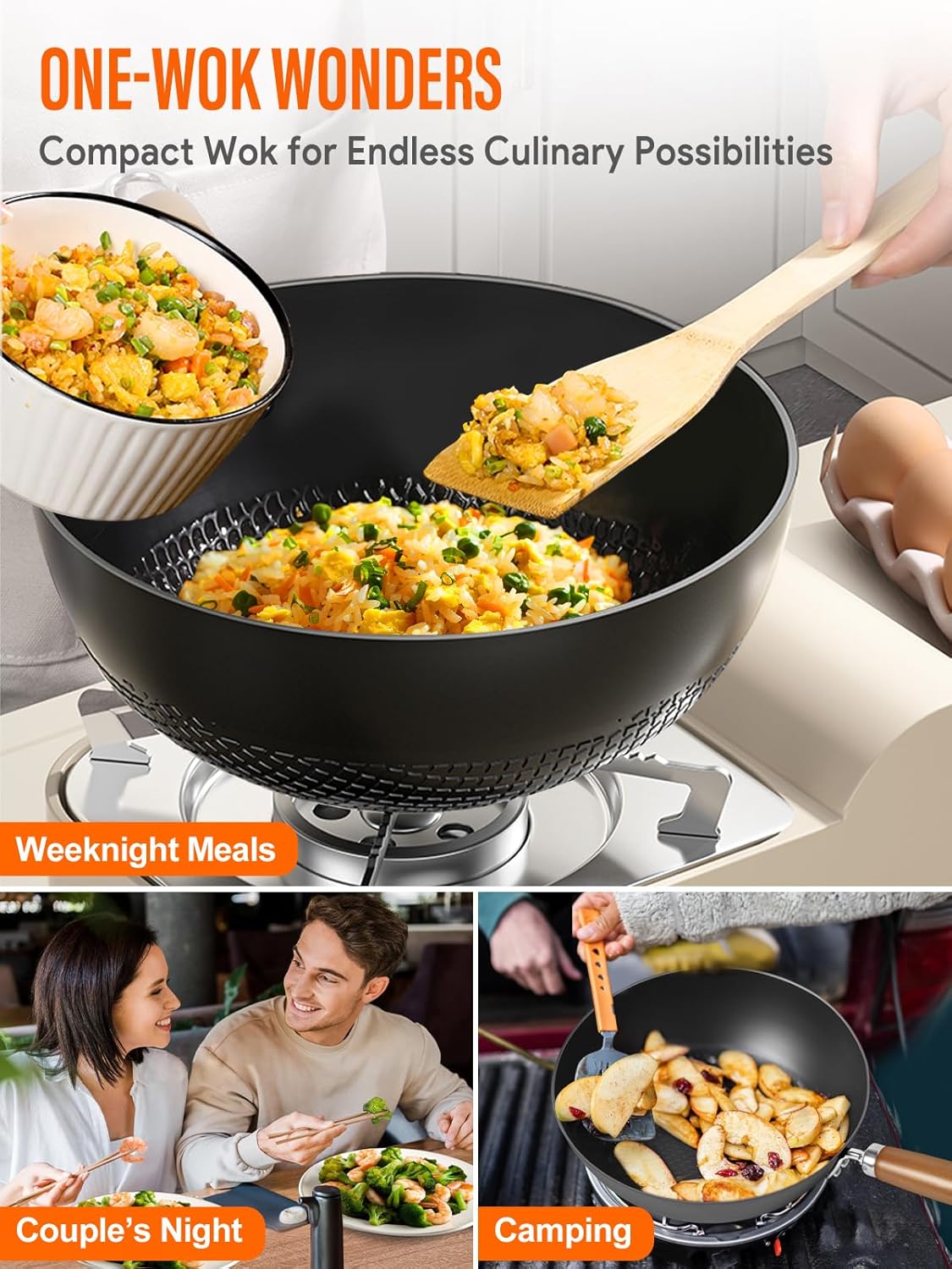 Carbon Steel Wok Pan, 10.5" Authentic Chinese Stir-Fry Pans Set with Glass Lid, 1.87lb Lightweight Flat Bottom Small Wok for 2-3 Servings