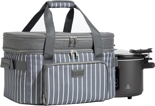 Fun Elements Double Layer Slow Cooker Carrier Bag for 6-8 Quart Oval CrockPot, Insulated Crock Pot Travel Bag with Support Pad and Adjustable Straps, Top Zip Compartment and Front Pocket for Utensils
