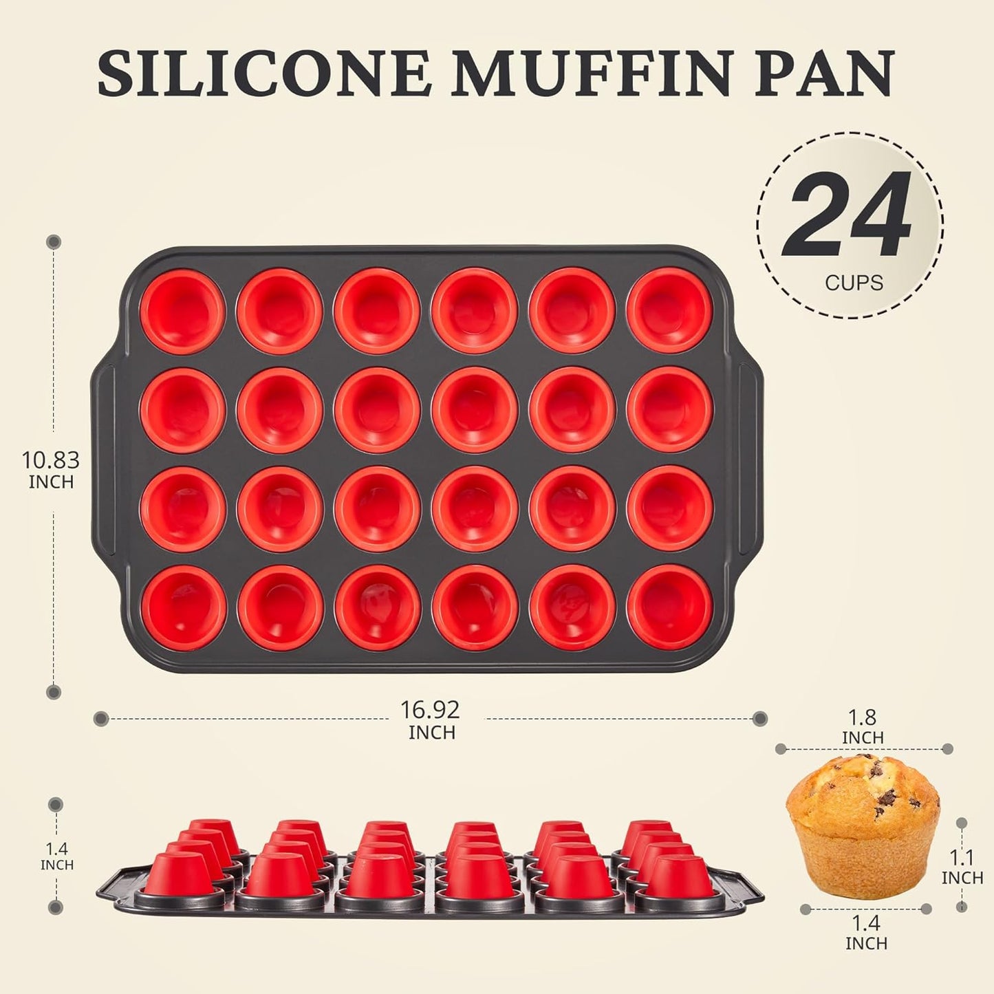 Silicone Mini Muffin Pan with Metal Frame, Egg Bite Molds for Baking for Baking, Cupcake Pans 24 Regular Size, Muffin Tins Easy to Pop Nonstick Non Toxic Bakeware for Oven,Red