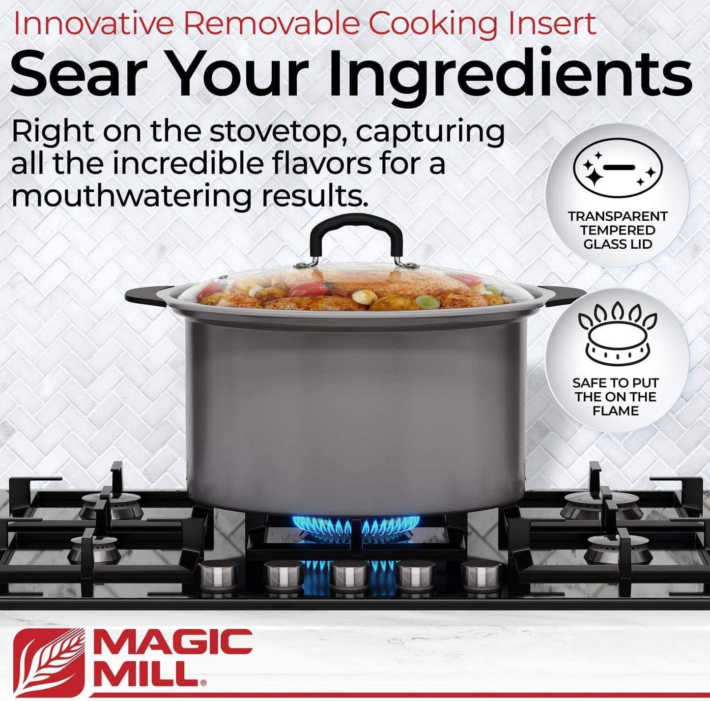 Magic Mill Slow Cooker 10 Quart | Extra Large Non-Stick Metal Searing Pot & Transparent Tempered Glass Lid Multipurpose Lightweight Slow Cookers, Pot is Safe to Put the On the Flame, Dishwasher Safe