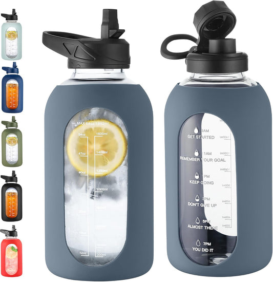 CIVAGO 64 oz Glass Water Bottle Jug with Straw and Handle, Half Gallon Sports Motivational Water Bottle with Time Marker, Wide Mouth Water Flask Canteen with Silicone Sleeve for Gym,Smog Blue