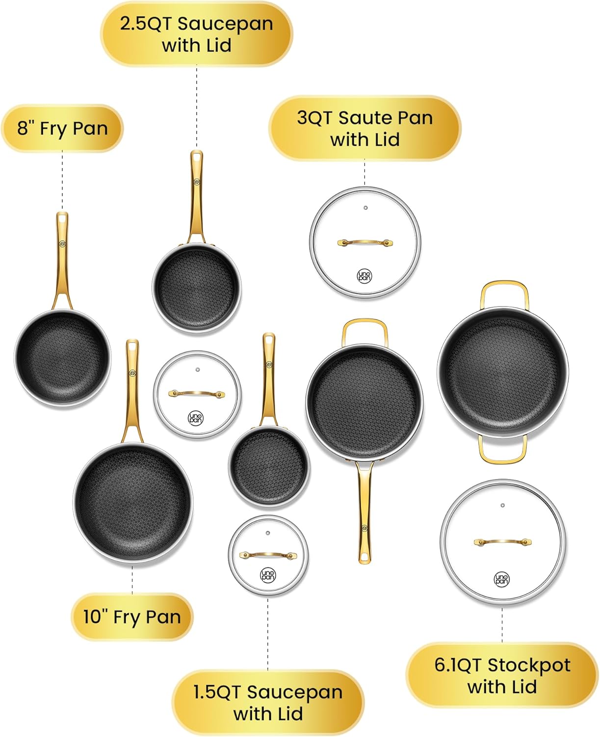 Gold Pots and Pans Set, Hybrid Hammered Stainless Steel, 10PC Nonstick Kitchen Cookware Sets w/Frying pan, Non Toxic, Oven Safe & Compatible with All Stovetops