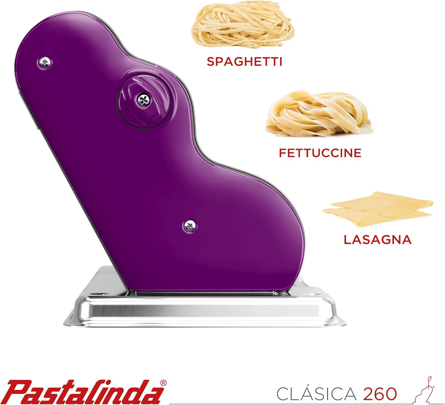 PASTALINDA Classic 260 Pasta Maker Machine, 26 cm Wide Rollers, 9 Thickness Positions, 2 Cutting Positions, Stainless Steel. Includes Reinforced Hand Crank And Two Clamps (Violet)