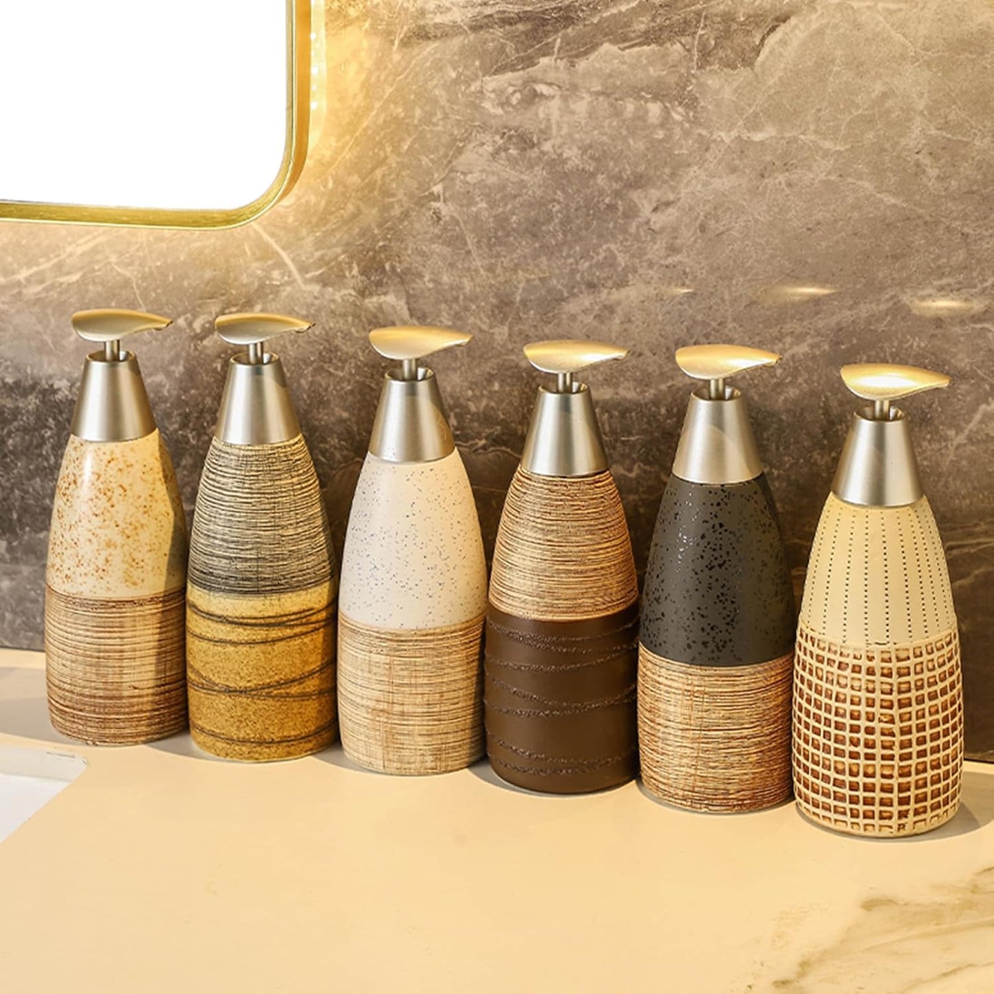 Ceramic Soap Dispenser with Plastic Pump – 12oz Refillable Liquid Dispenser for Bathroom, Kitchen, Office, Hotel, Airbnb, or Vacation Rental (Type F)