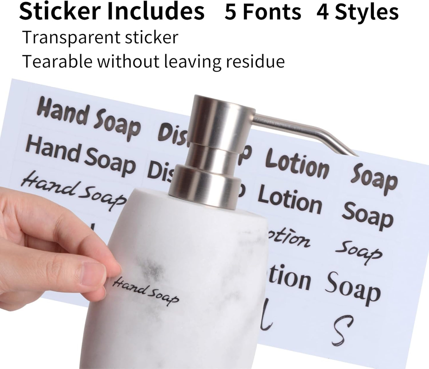 Resin Hand Soap Dispenser, Refillable Soap Dispenser with White Marble Look and Metallic Pump, Waterproof Bottle Labels for Bathroom Kitchen Dish Hand Wash Shower Lotion Shampoo (12 Oz)