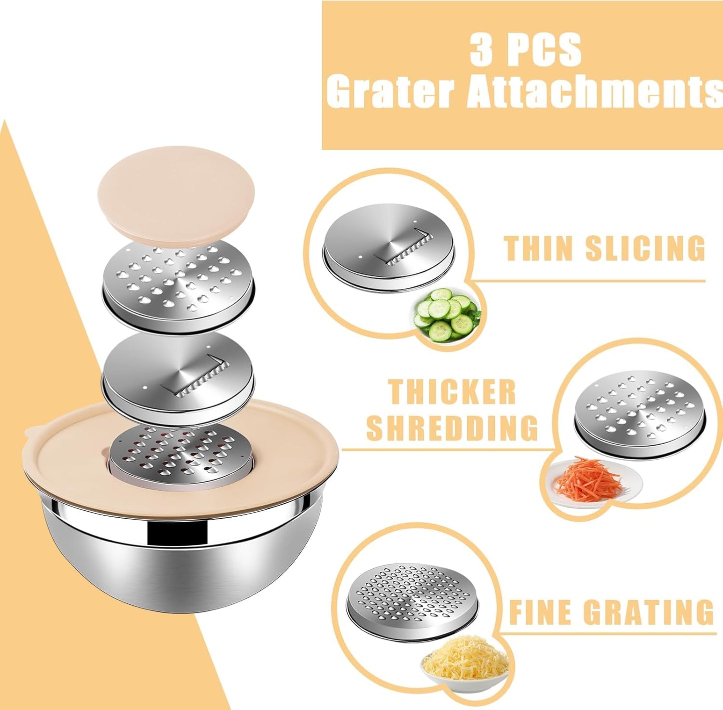 Lazycorner Stainless Steel Mixing Bowls with Airtight Lids Set of 7 Stainless Steel Bowls Set with 3 Grater Attachments Great for Serving & Baking