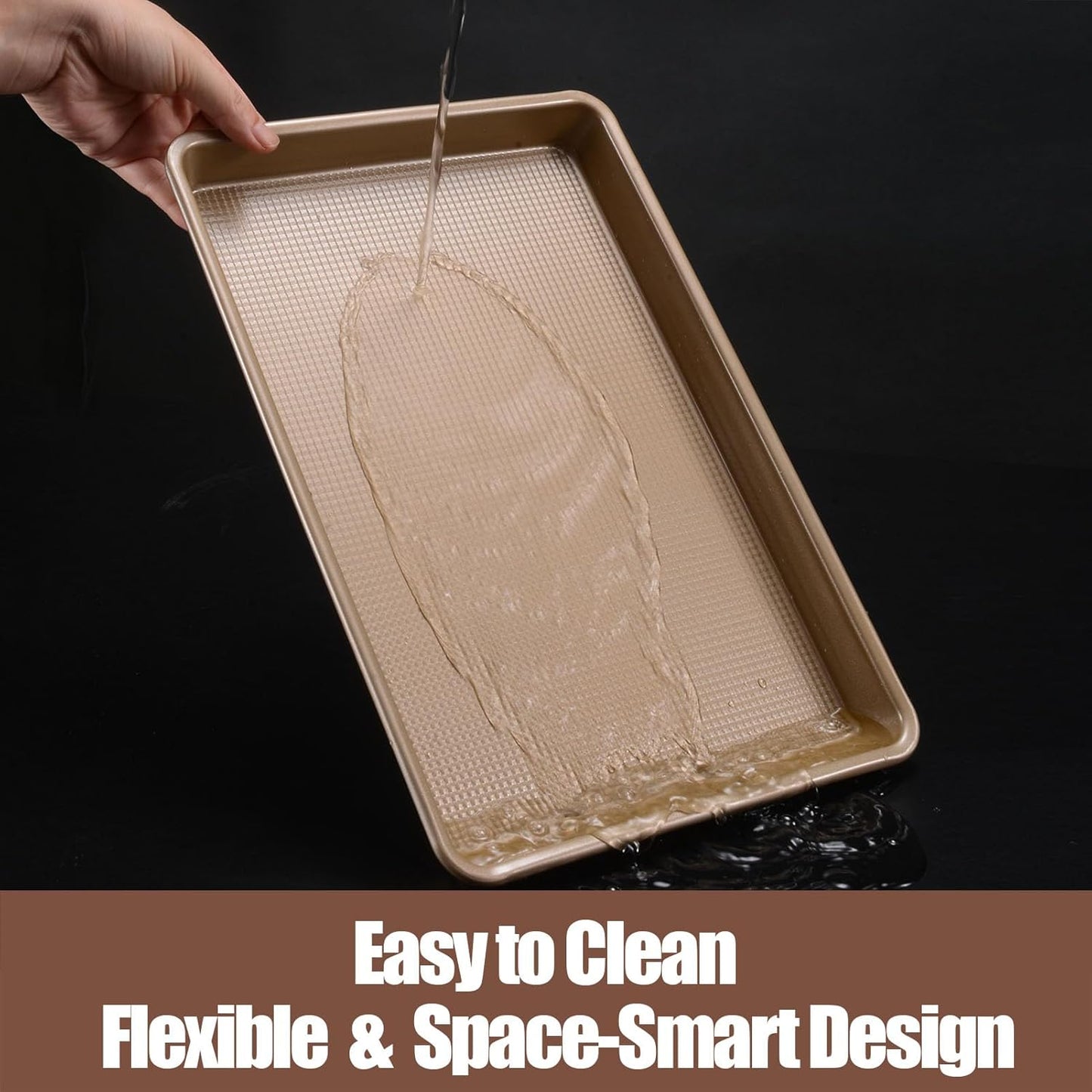 2 Pack Jelly Roll Pan 15x10 Inch, Diamond Texture Nonstick Cookie Sheet, 0.8mm Thick Heavy Duty Steel Baking Tray, Commercial Gold Baking Pans