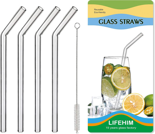 Borosilicate Glass Straws for 16 oz Tumbler, 9 inch 8mm BPA Free, Reusable Drinking Straws Clear Bent Skinny for Iced Coffee and Hot Drinks