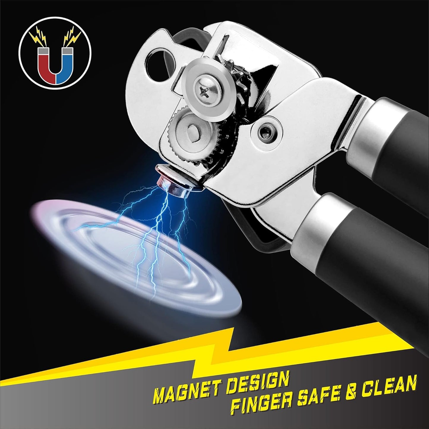 PrinChef Manual Can Openers with Magnet, No-Trouble-Lid-Lift, Handheld Can Opener Smooth Edge with Sharp Blade, Large Effort-Saving Handles, Easy Grip & Heavy Duty, Black