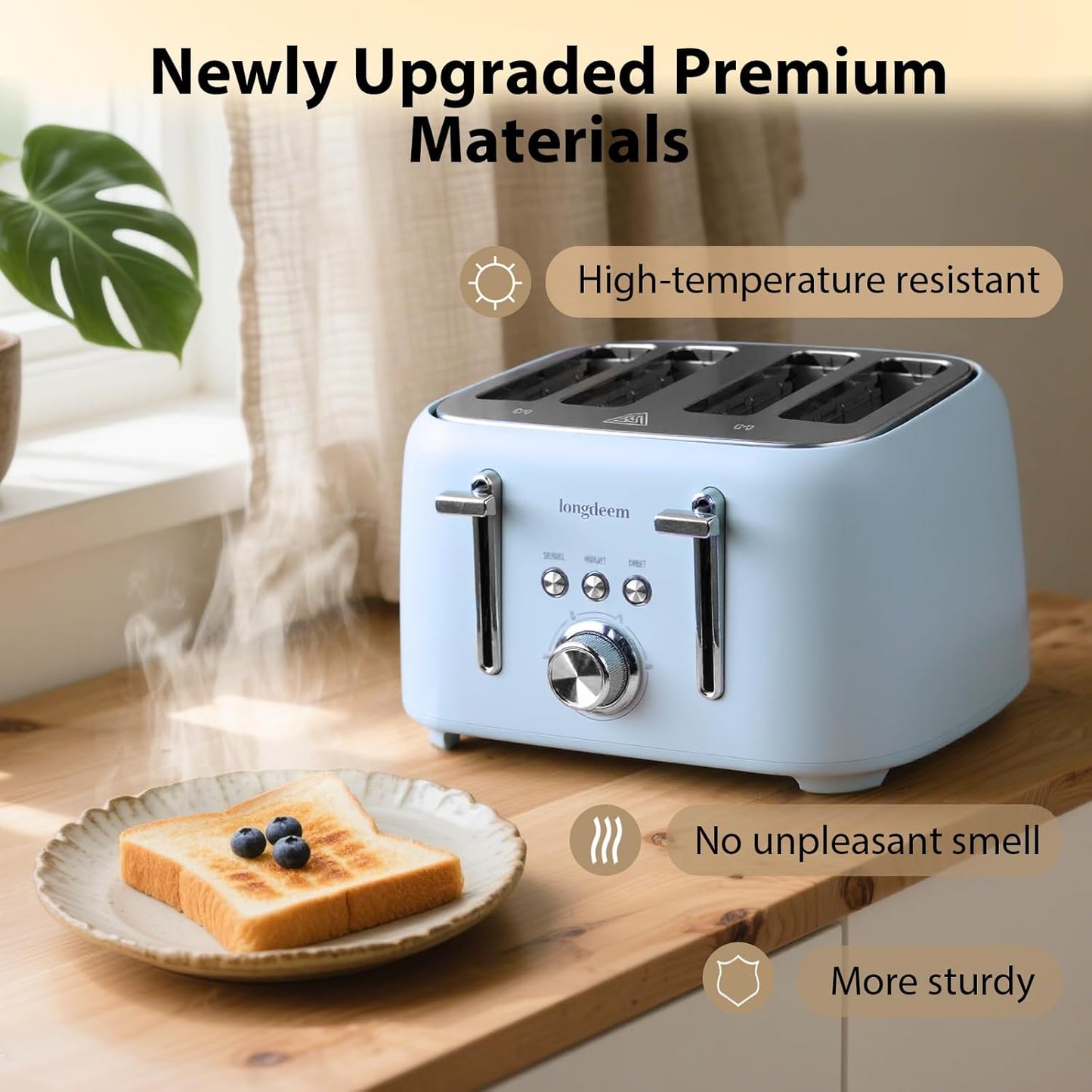 4-Slice Toaster 1.5" Extra Wide Slot Stainless Steel with High Lift Lever, 6 Presets & Bagel/Defrost/Cancel Function, Removal Crumb Tray, Under Base Cord Storage, Blue