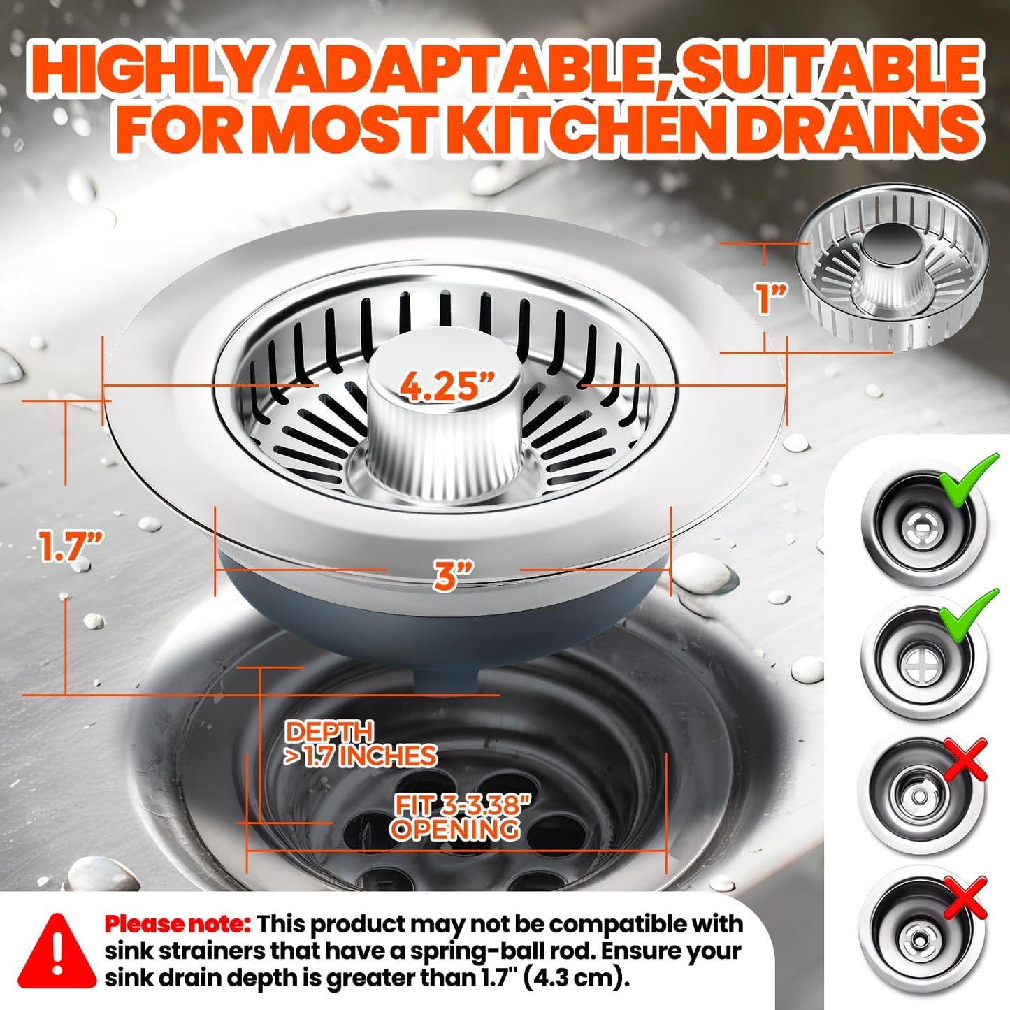 Kitchen Sink Drain Strainer & Sink Stopper, Upgraded 3 in 1 Stainless Steel Drain Plug Combo with Anti-Clog Basket, Pop Up Drain Cover for Standard 3-1/2'', Fits Double Bowl Kitchen Sinks