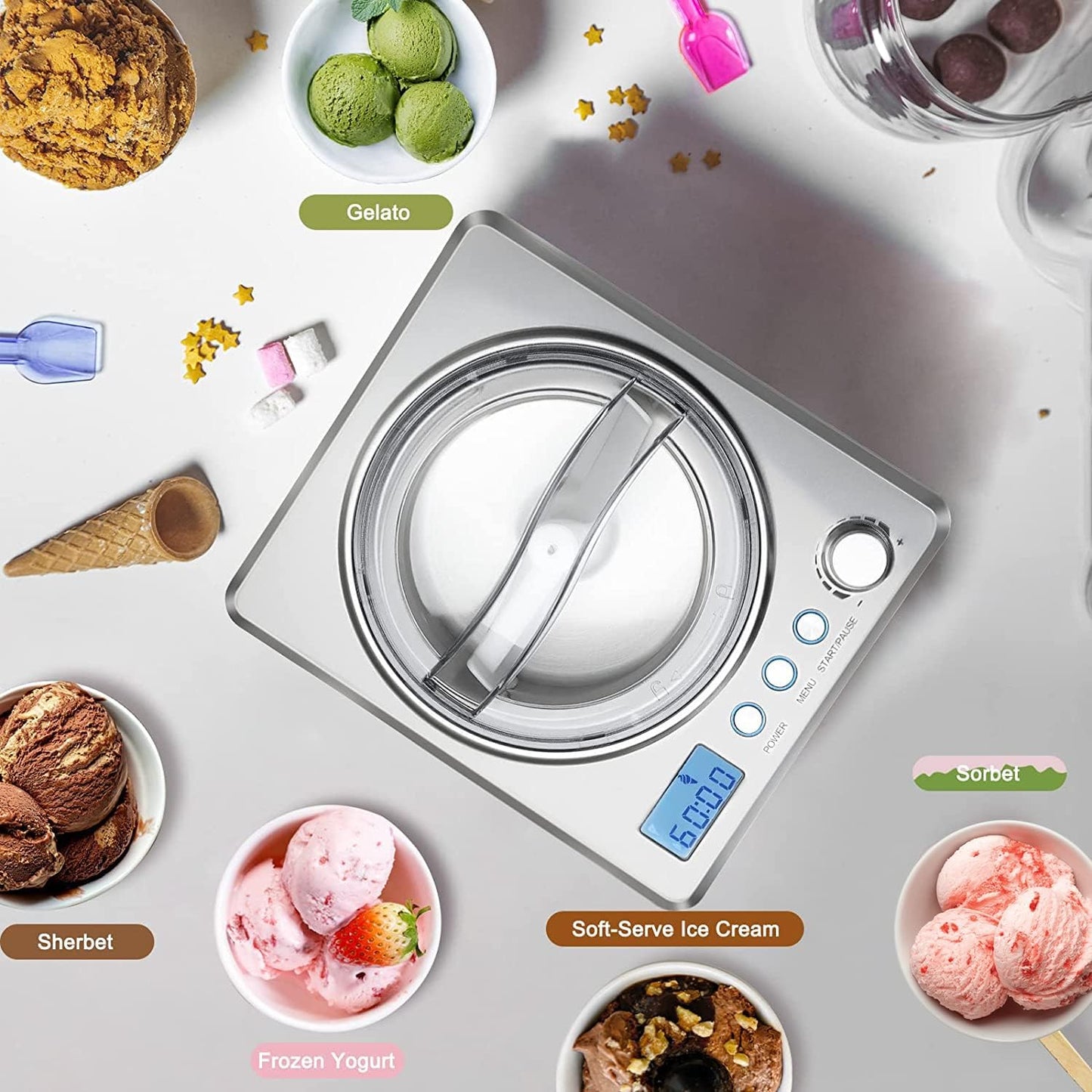 Homtone 2.64 QT Ice Cream Maker, No pre-Freezing & Large Capacity Automatic Ice Cream Machine with Compressor, Easy Operate & Clean, Keep Cooling for 2H, All Stainless Steel, LCD Digital Display