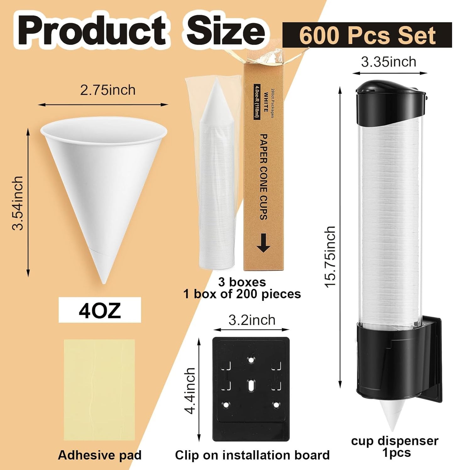 Roshtia 600 Pcs 4 oz Paper Cone Cups Thicken Disposable with 1 Cups Dispenser Pull Type Wall Mount Cup Holder Paper for Restaurants, Home, and Office, and Shaved Ice, Cold (Black)