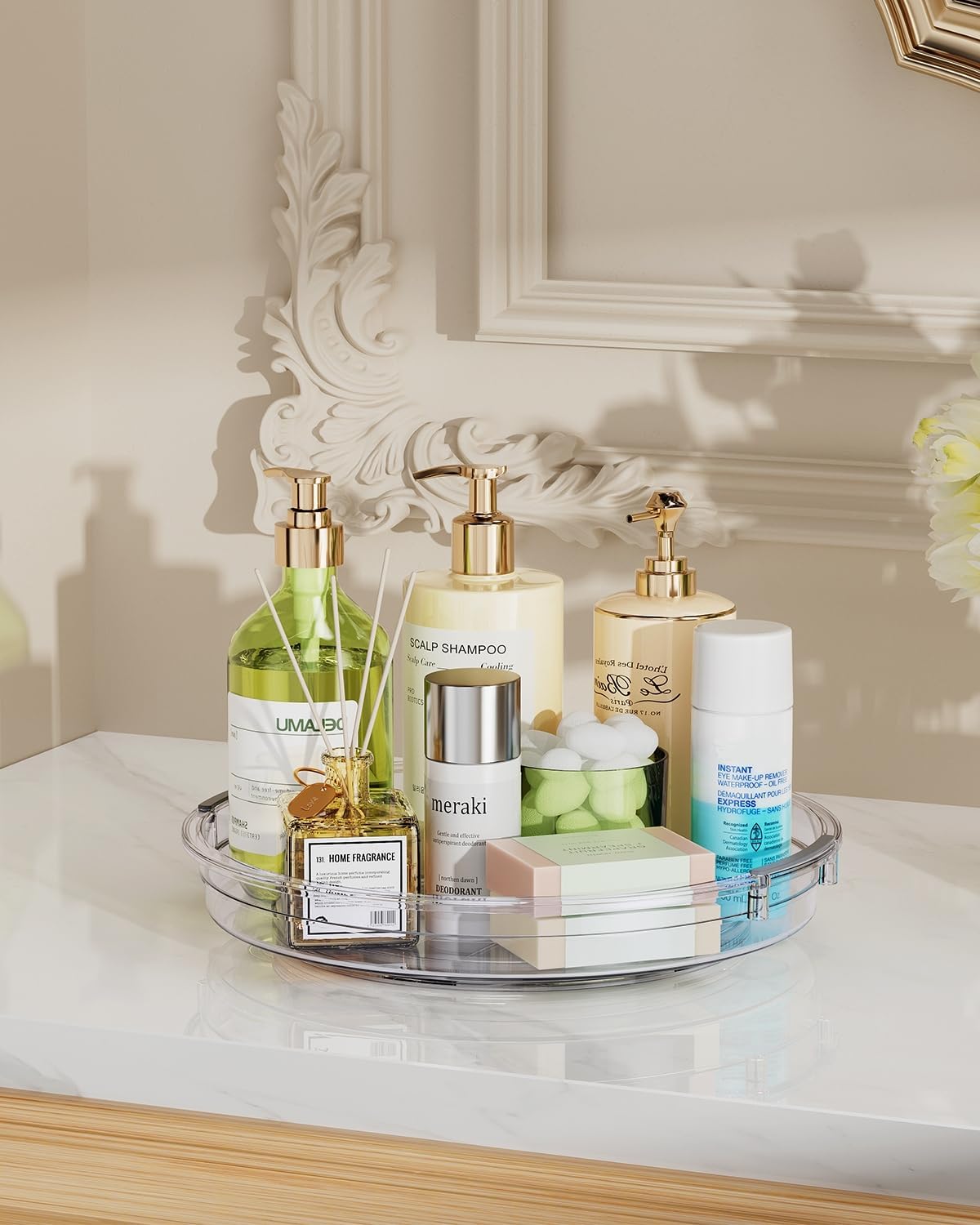 LAMU 2 Pack 10.6in Lazy Susan Organizer Turntable for Cabinet, Clear Lazy Susan for Refrigerator Rotating Organizer for Fridge, Kitchen, Pantry, Countertop, Bathroom, Medicine Cabinet Organizer