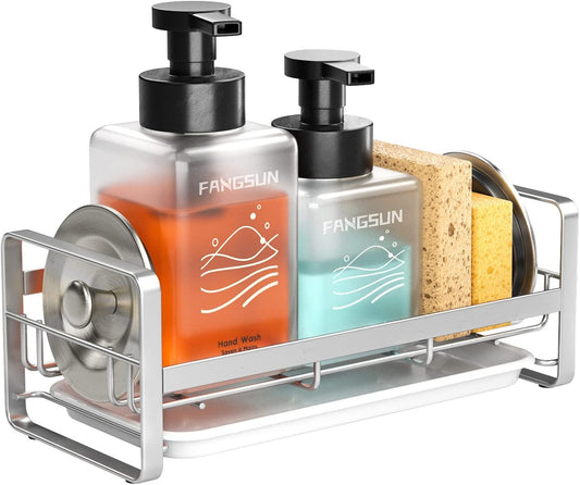 FANGSUN Large Sponge Holder for Kitchen Sink, 304 Stainless Steel Sink Caddy Organizer with Removable Drip Tray, Kitchen Countertop Dish Soap Holder, Not Include Soap Dispenser, Grey