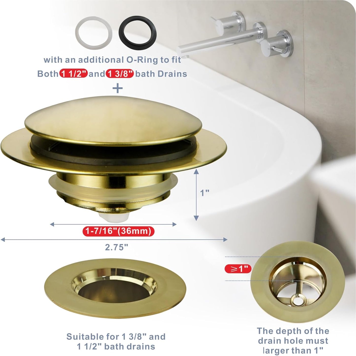 Gold Brushed Tub Drain Stopper,Universal Pop Up Bath Drain Plug Bathtub Drain Stopper,Hidrop Conversion Kit Assembly,Replaces Lift and Turn,Tip-Toe Plug Stopper for Tub,EZ Install(Gold Brushed)