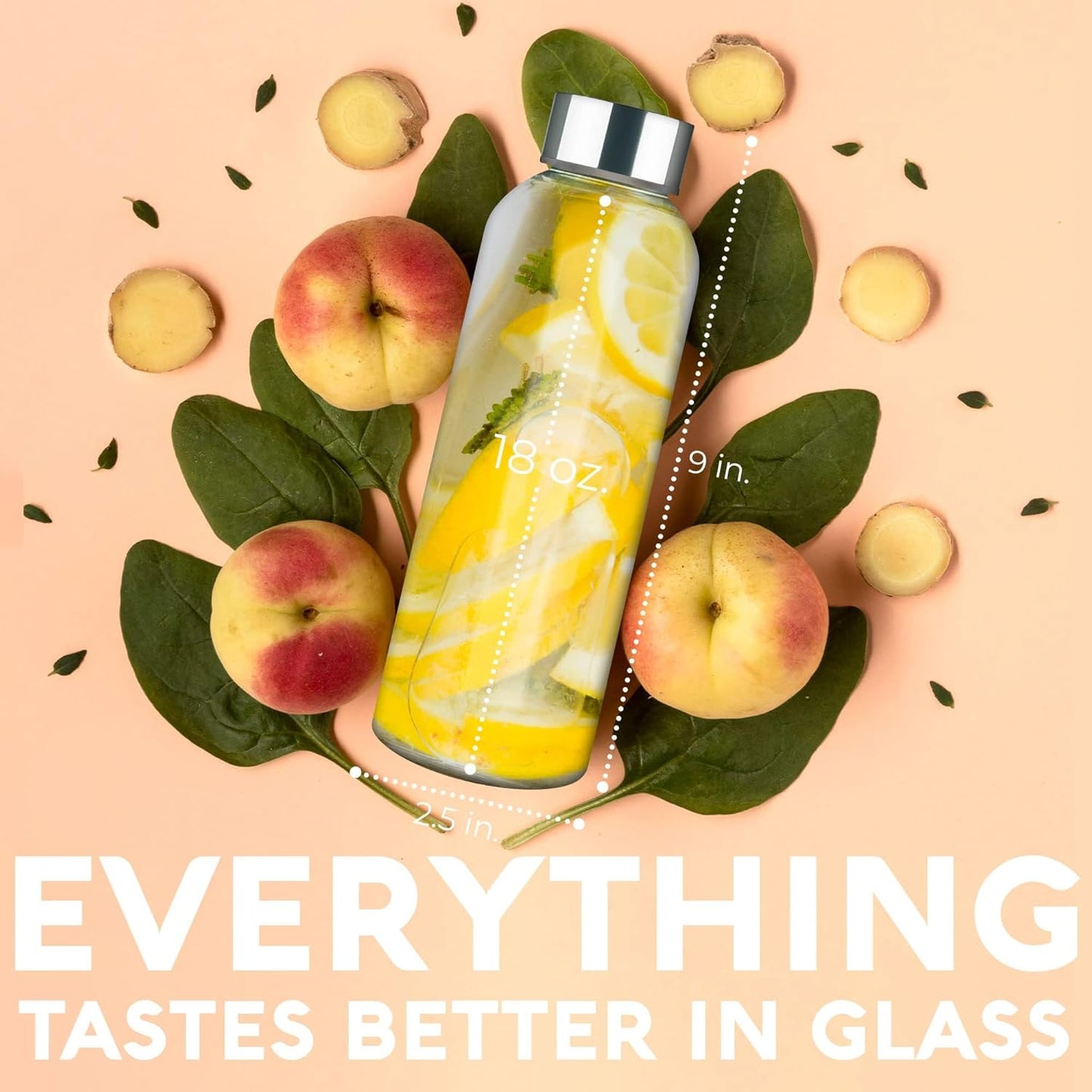 Epica 18-Oz Glass Water Bottles with Lids, Juice Bottles - BPA Free & Eco-Friendly Reusable Refillable Bottles for Juicing, Set of 4 - Clear