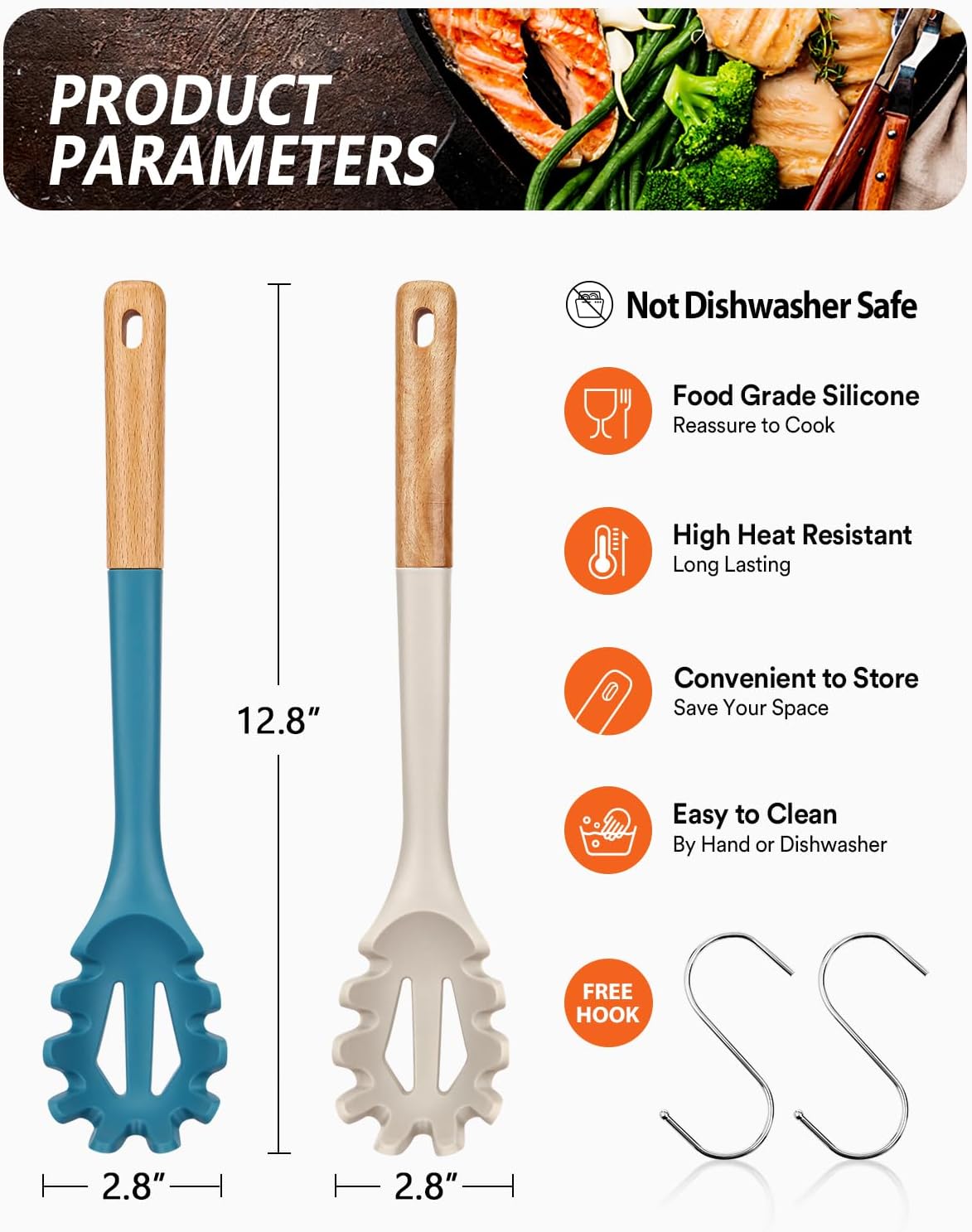 Silicone Pasta Fork, Kitchen Heat Resistant Noodle Spoon Server, BPA Free Spaghetti Strainer,12.8 inch (Khaki & Blue)