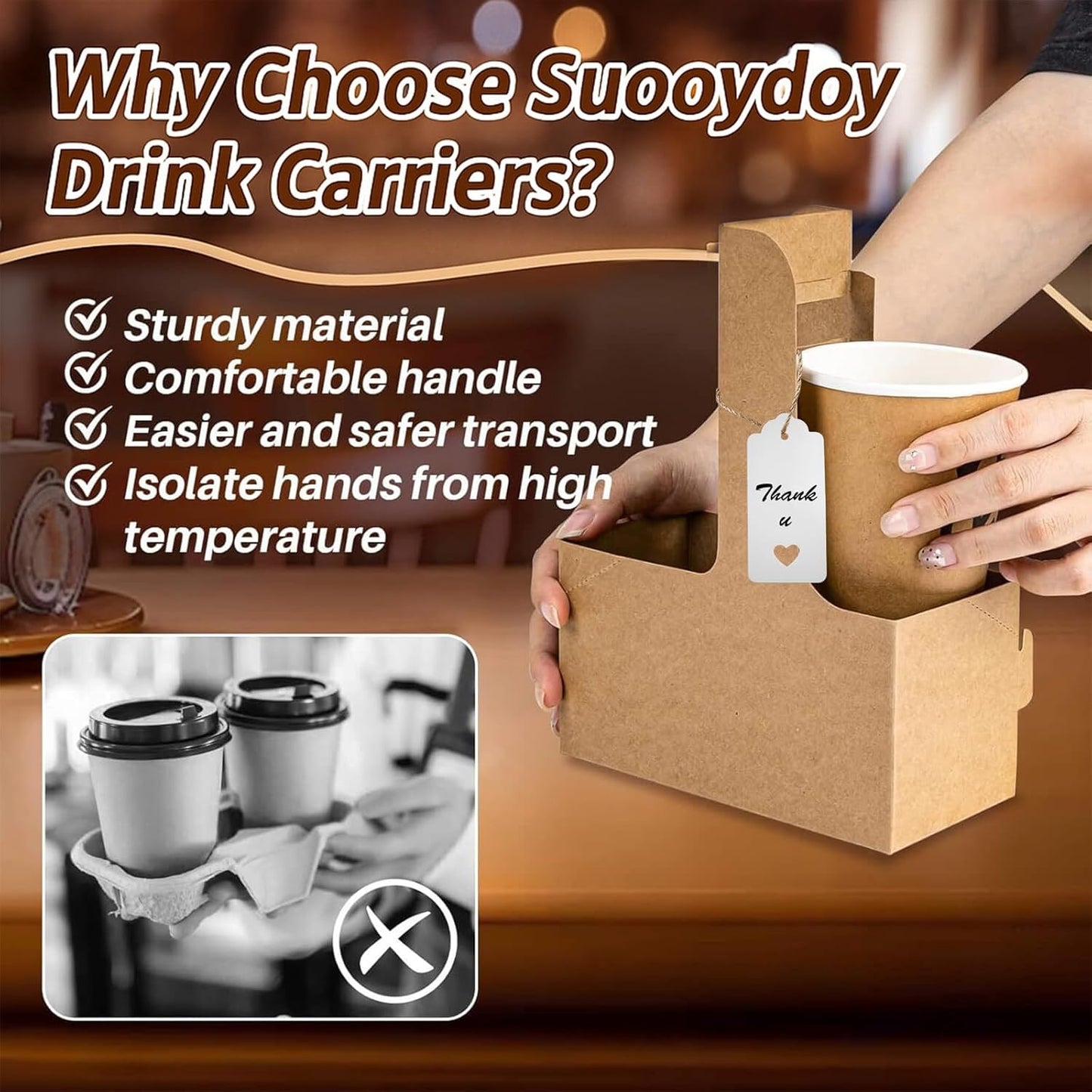 10 Pack 2 Cup Disposable Drink Carrier with Handle Paperboard Coffee Cup Holder Portable for Hot Cold Drinks Food Delivery Services with Heart Card for Teacher Appreciation Week Mother's Day