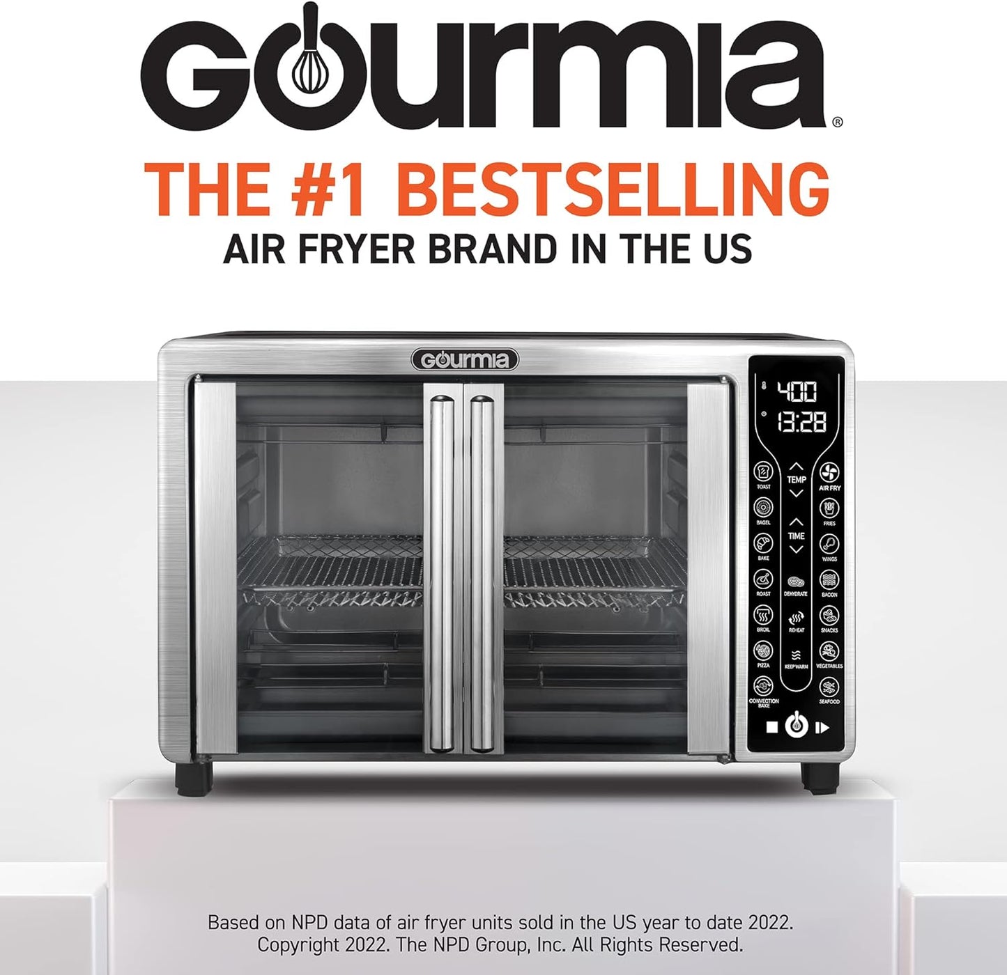 Gourmia Toaster Oven Air Fryer Combo 17 cooking presets 1700W french door digital air fryer oven 24L capacity accessories, convection rack, baking pan tray recipe book GTF7655,Large,Stainless Steel