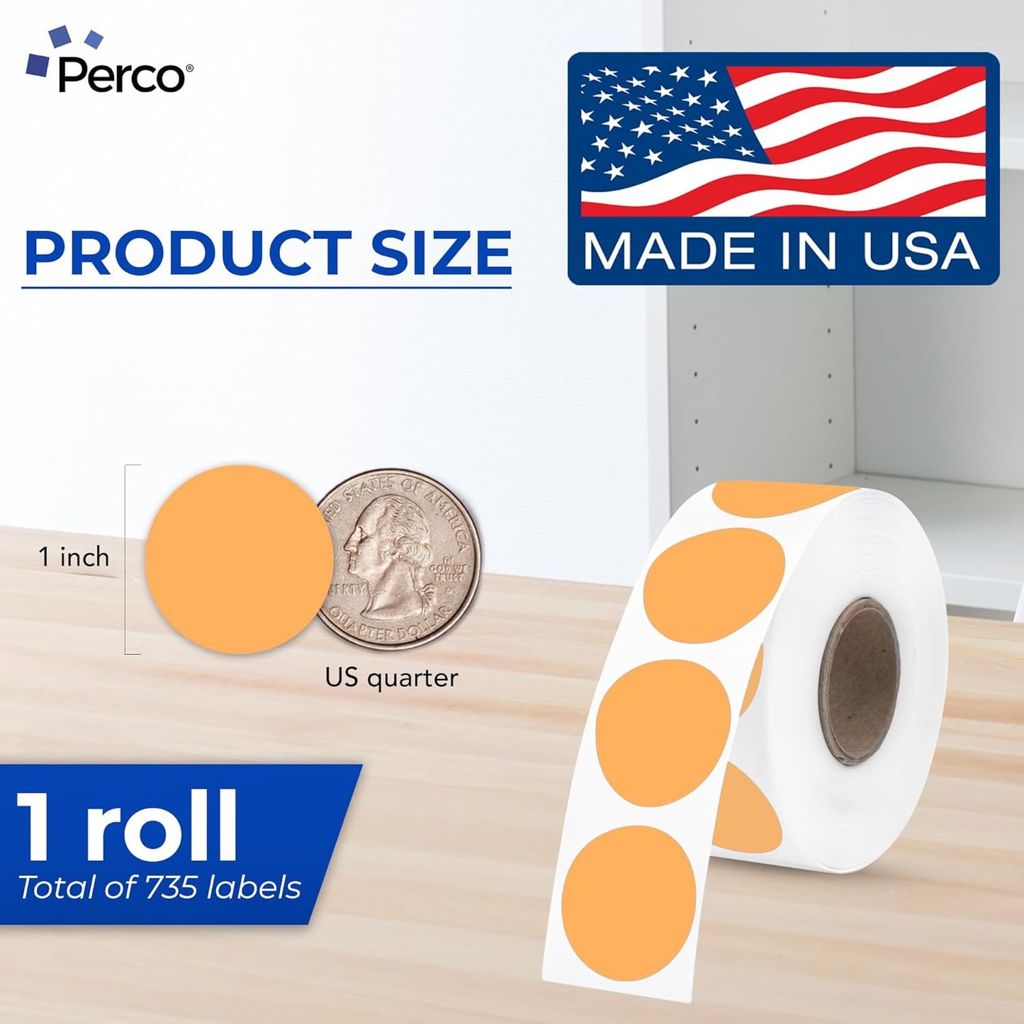 Perco Orange 1-Inch Perforated Circle Dot Thermal Sticker Labels — 735 Stickers/Roll, Direct Thermal Printer Compatible—with Permanent Adhesive for Color Coding, Garage Sales, Crafts—Made in USA