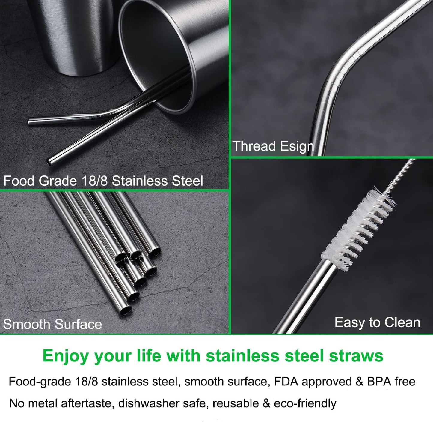 Vinaco Stainless Steel Straws Reusable, 12 Pack 8.5" & 10.5" Metal Straws 0.24" for 20 oz - 32 oz Tumblers, Long Drinking Straws with Cleaning Brush for Coffee, Juice, Cocktail and Hot Drinks